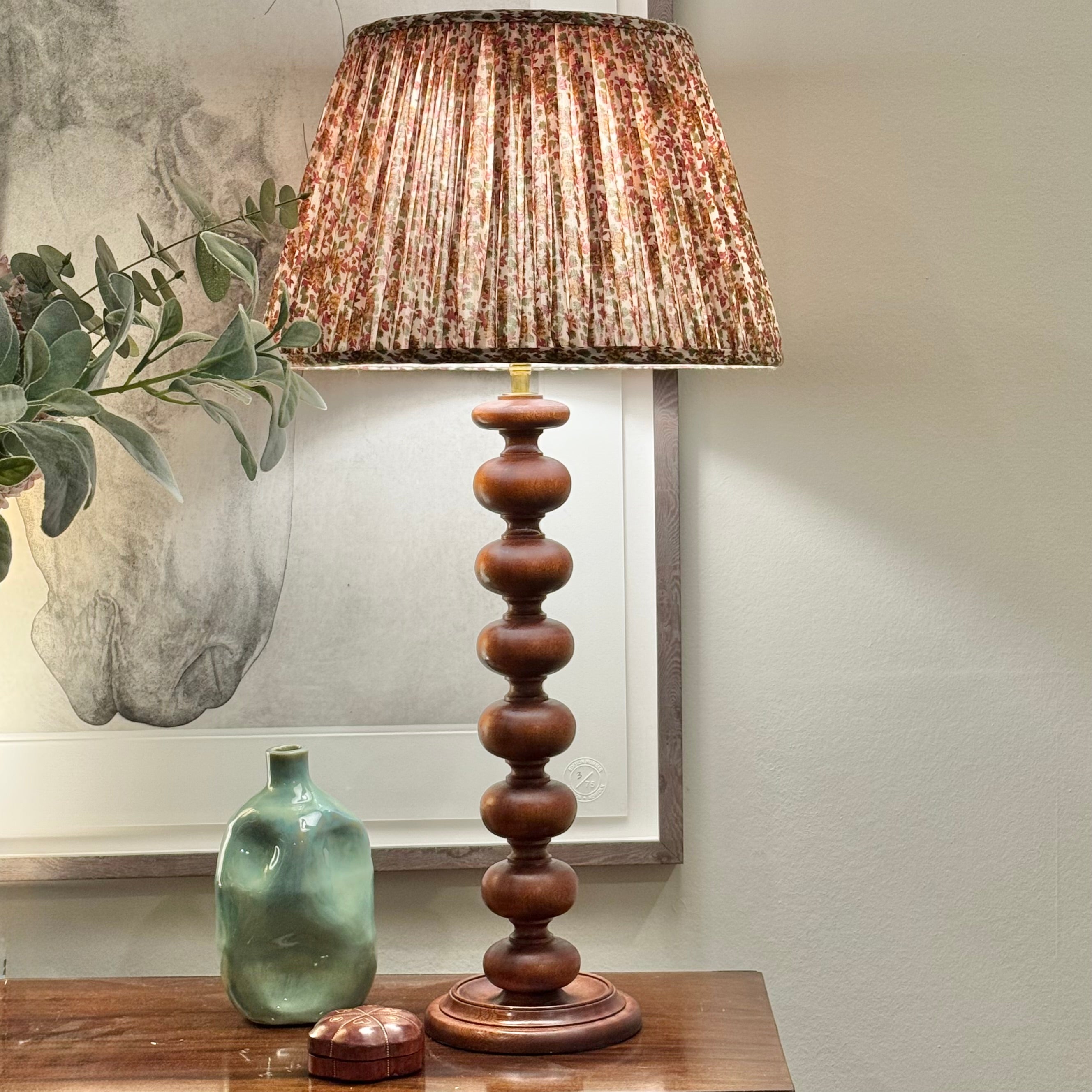 14" Pembroke Brown and Green Floral Cotton Gathered Lampshade