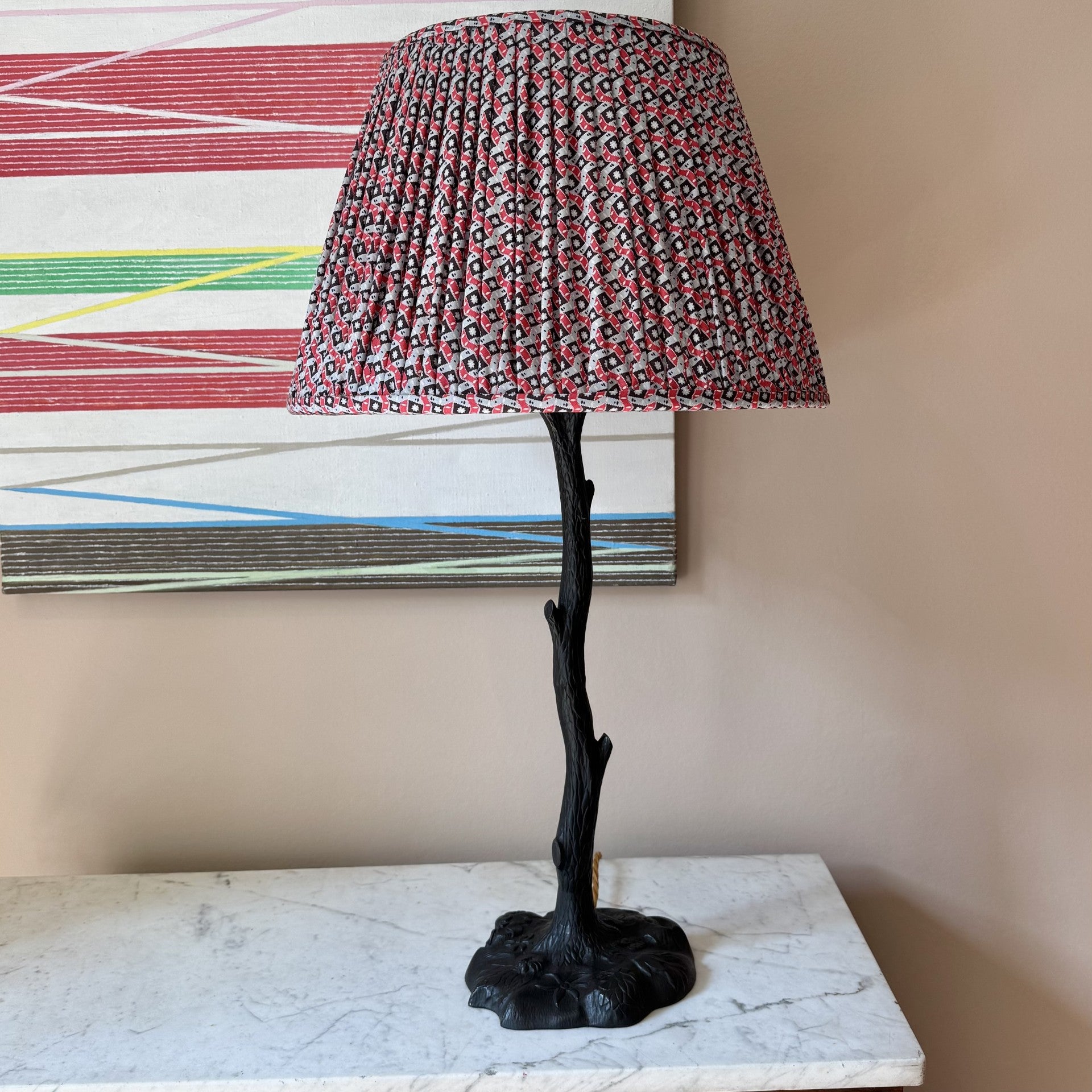 16" Pembroke Red, Pale Blue/Grey & Black Cotton Gathered Lampshade