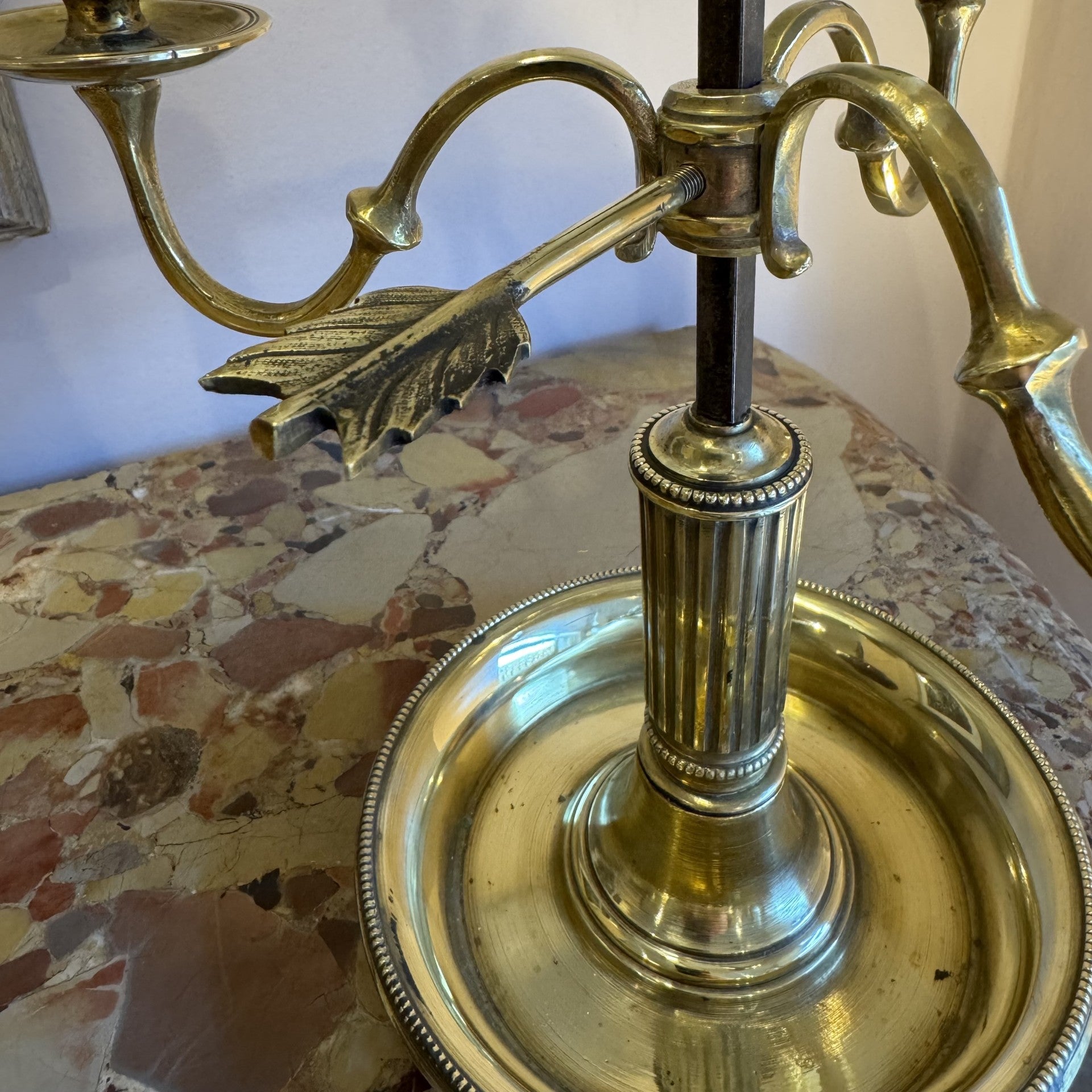 Vintage bouillotte brass candelabra with painted tole lampshade