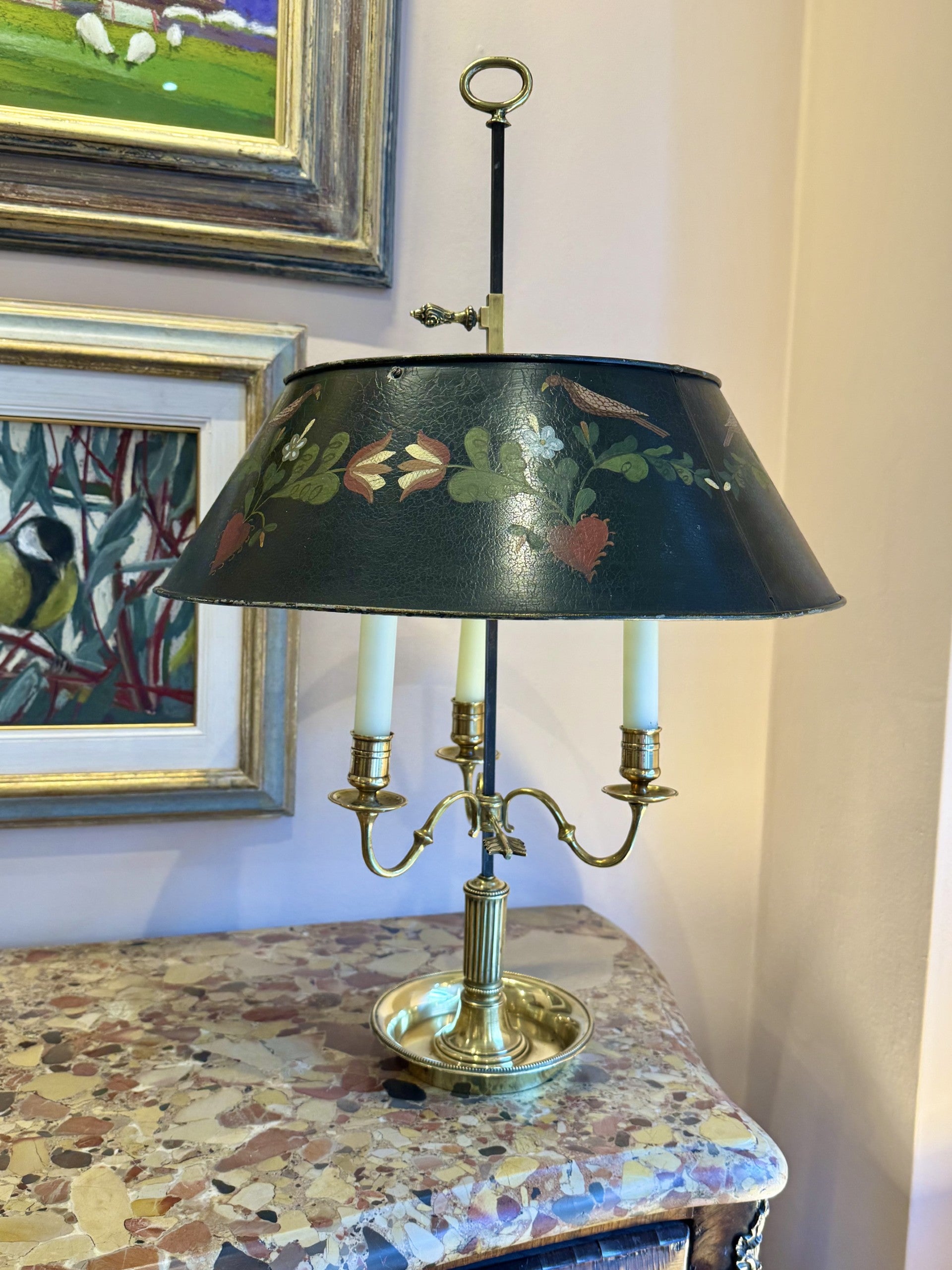 Vintage bouillotte brass candelabra with painted tole lampshade