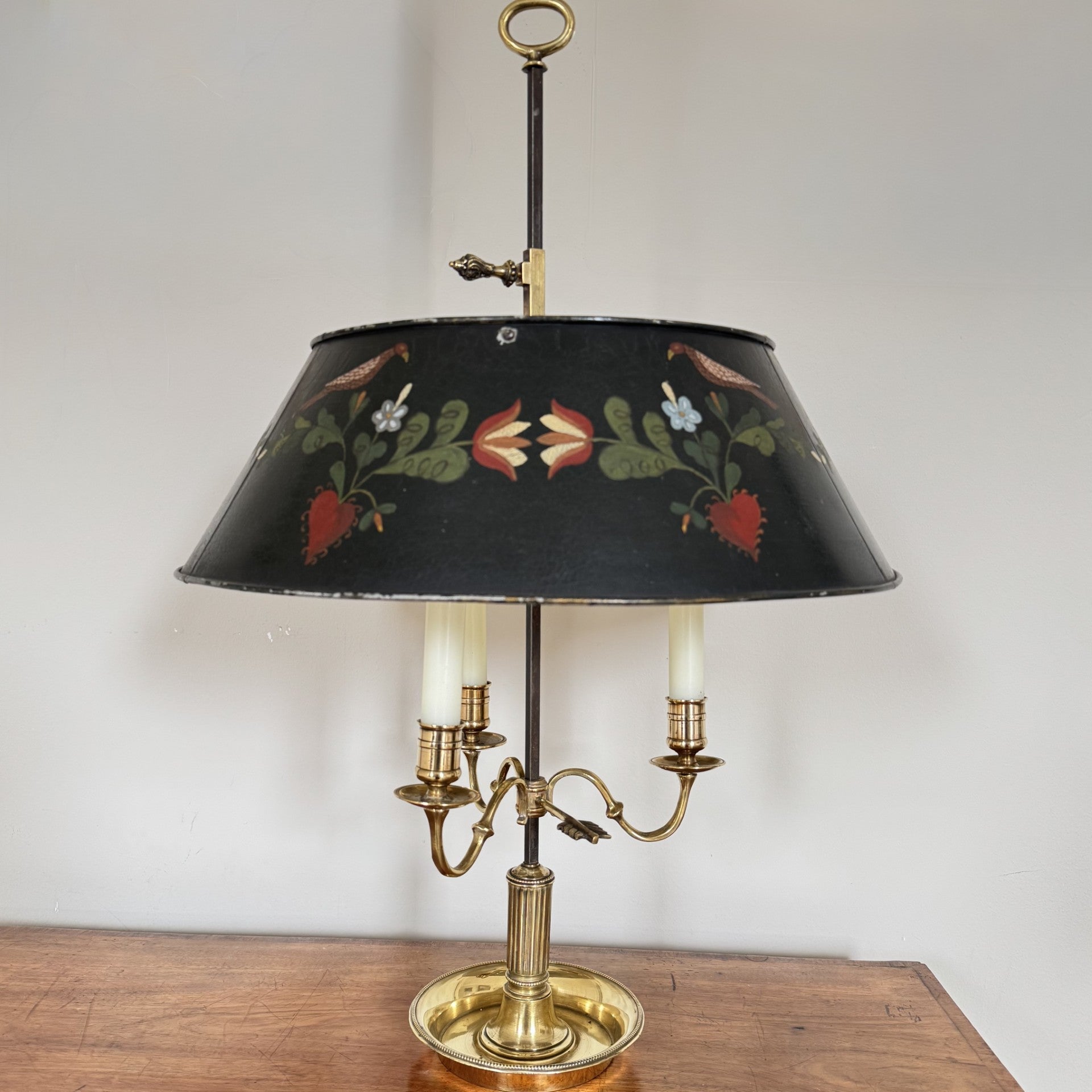 Vintage bouillotte brass candelabra with painted tole lampshade