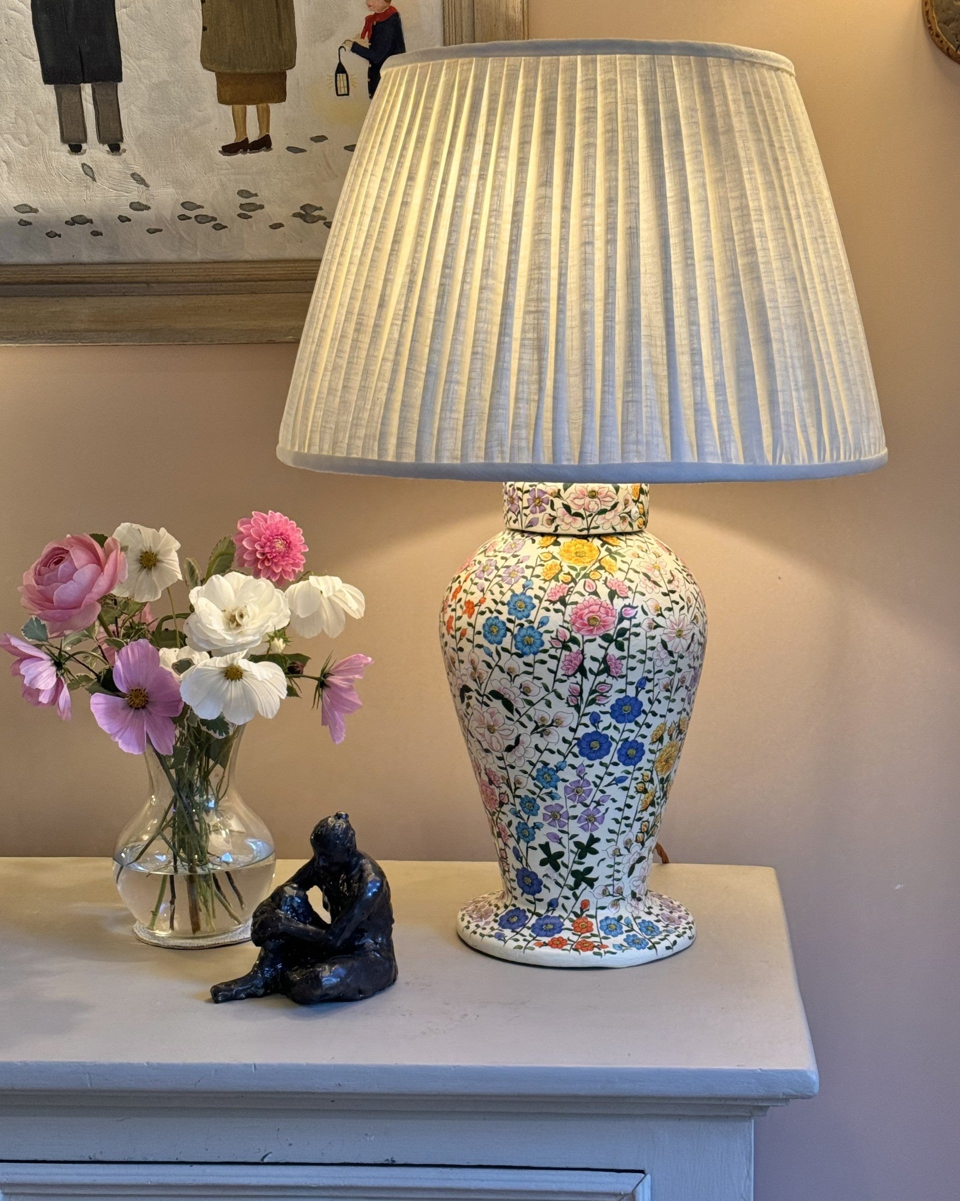 Large Kashmiri urn table lamp , multi cream