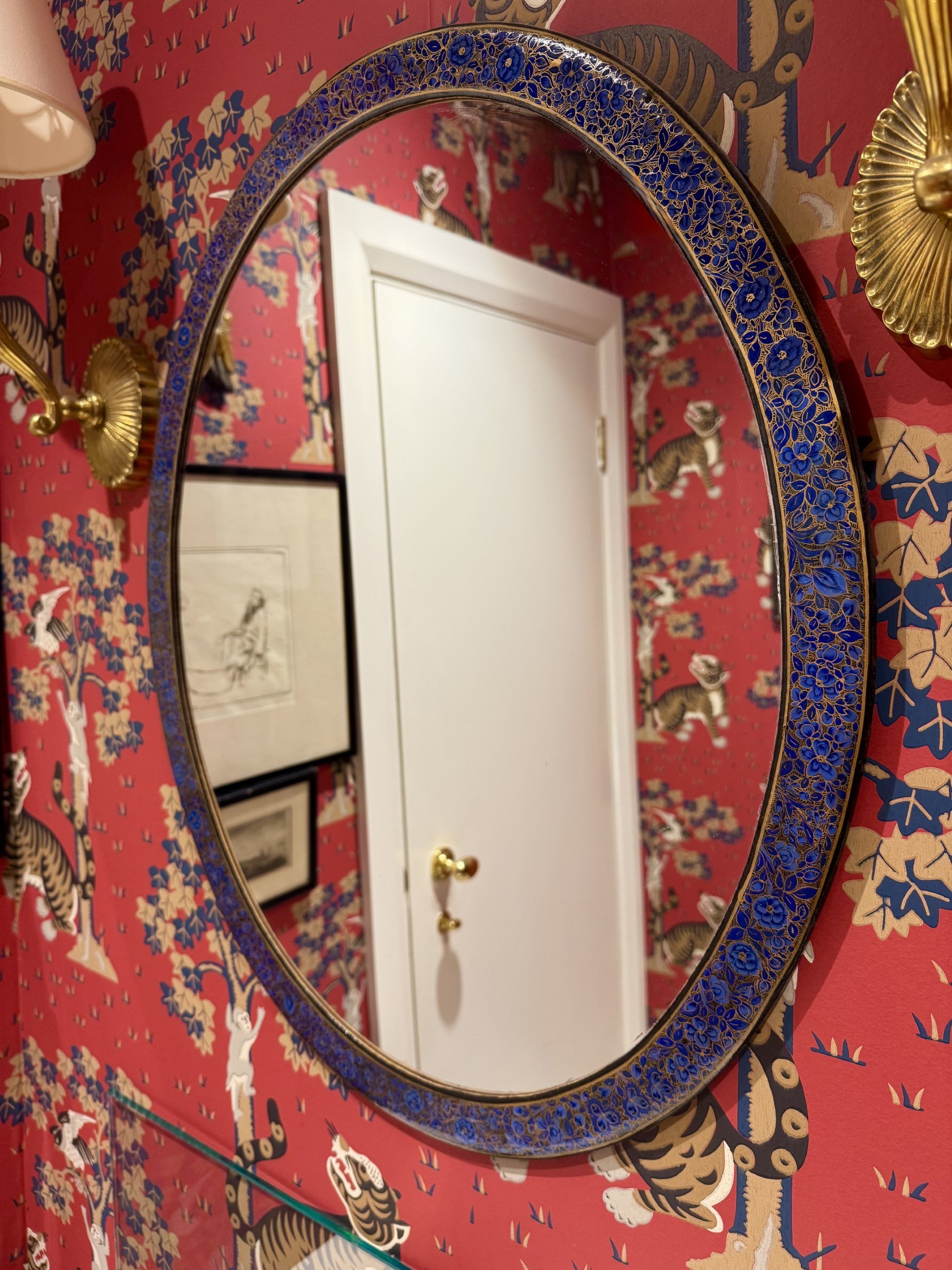 Kashmiri oval mirror, blue
