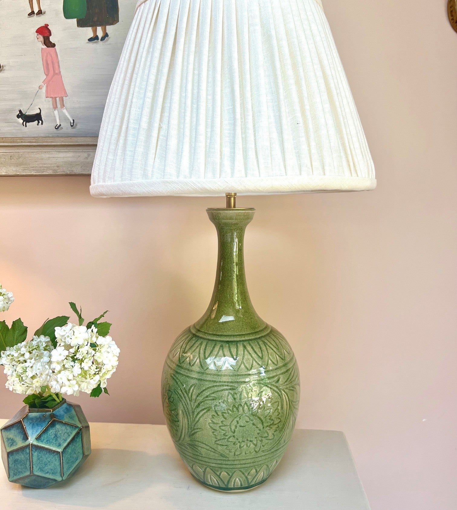 Vintage Pair of Green Ceramic Table Lamps