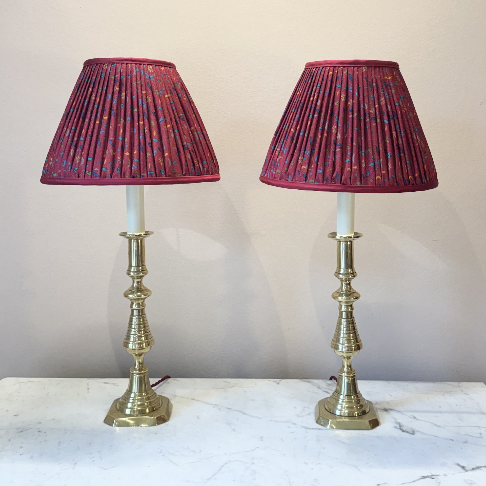Vintage Pair of Brass Beehive Candlestick Lamps