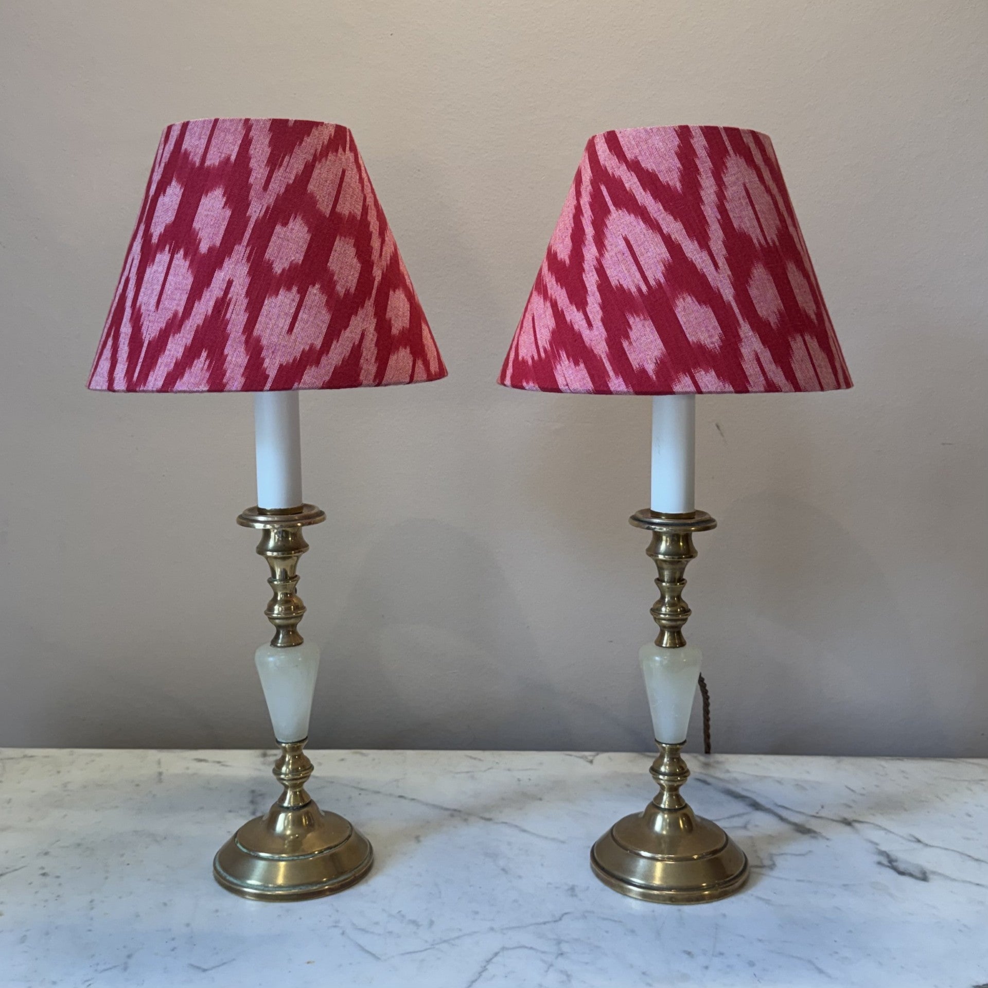 Vintage Pair of Brass and Marble French Candlestick Lamps