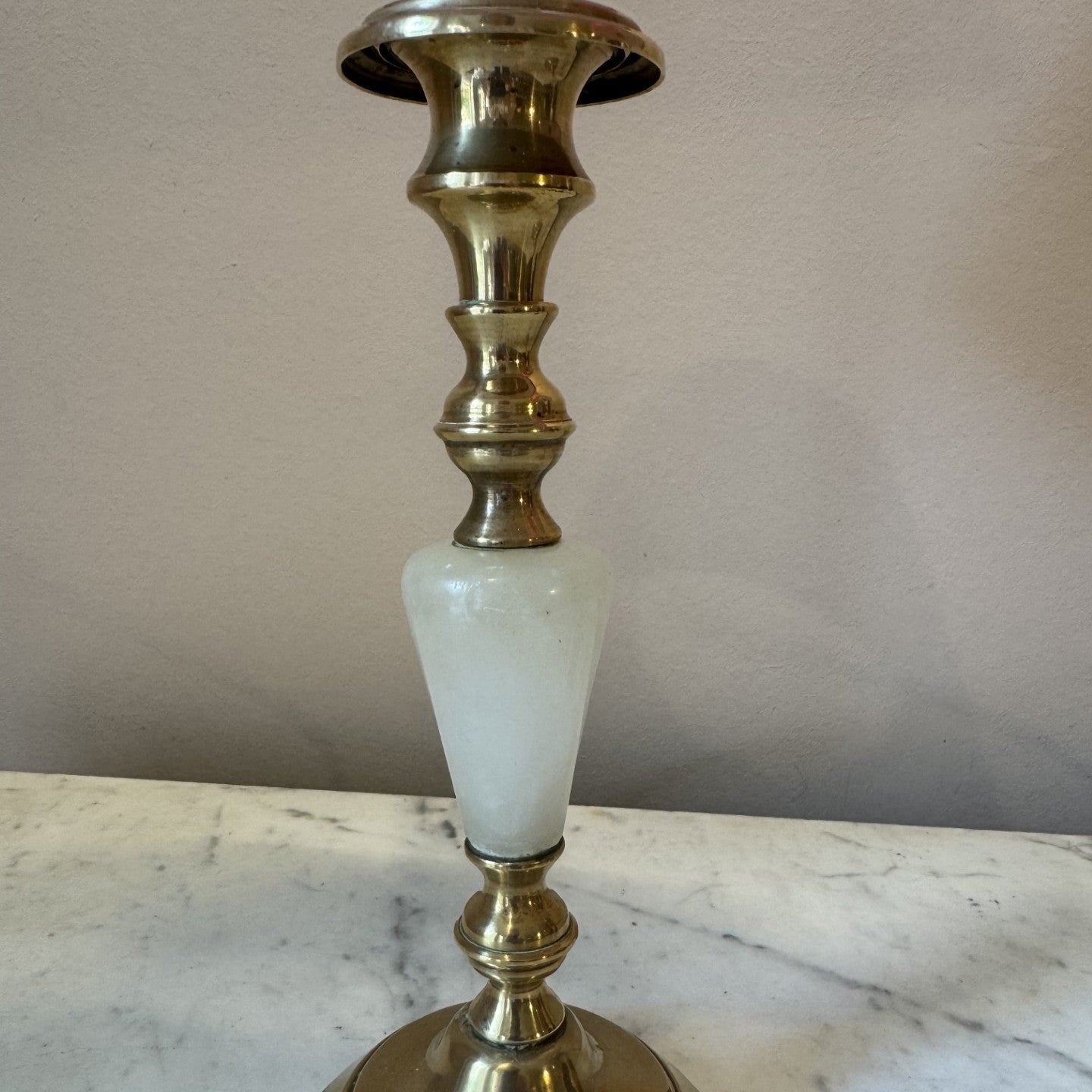 Vintage Pair of Brass and Marble French Candlestick Lamps