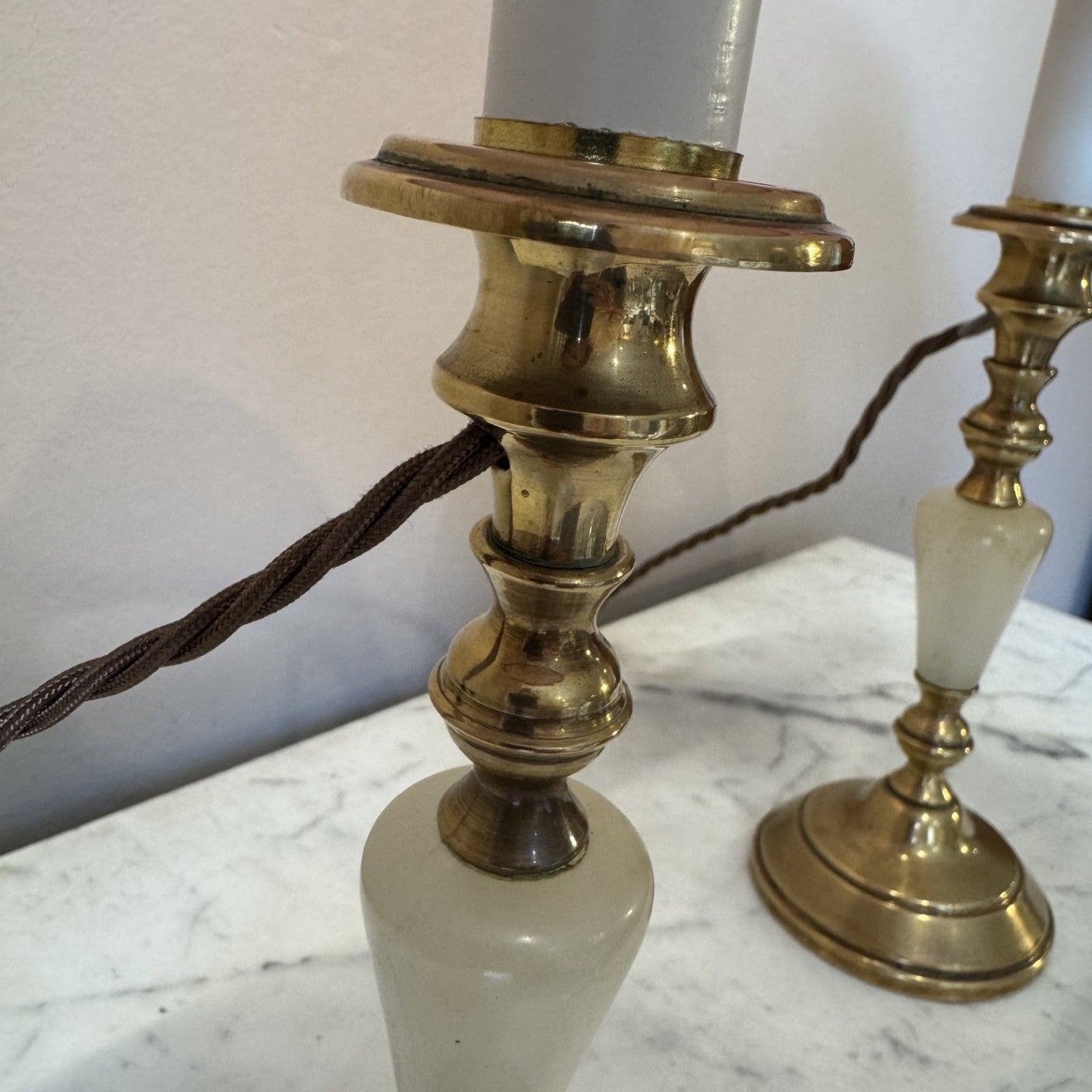 Vintage Pair of Brass and Marble French Candlestick Lamps