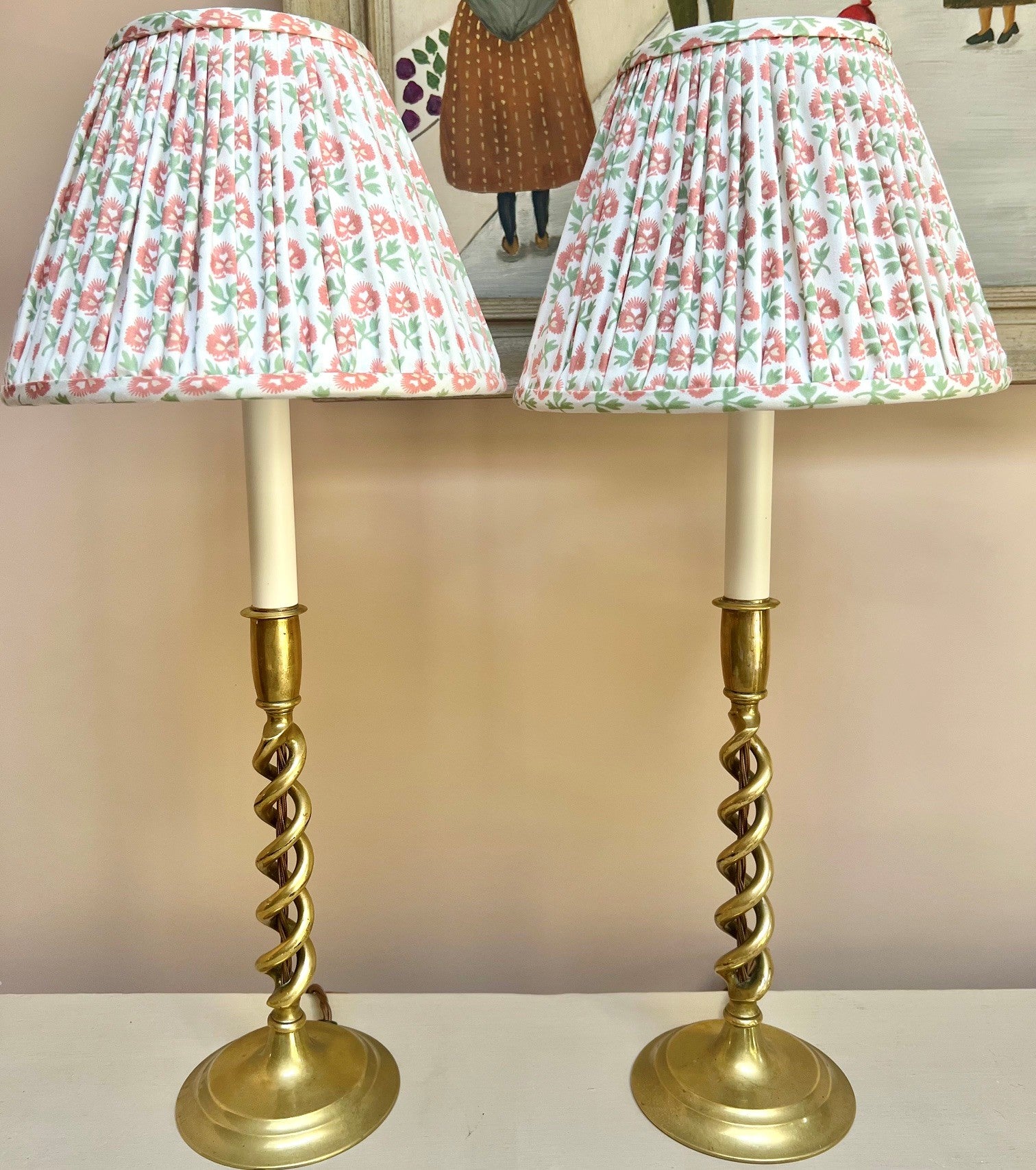 Vintage Pair of Brass Barley Twist Candlestick Table Lamps