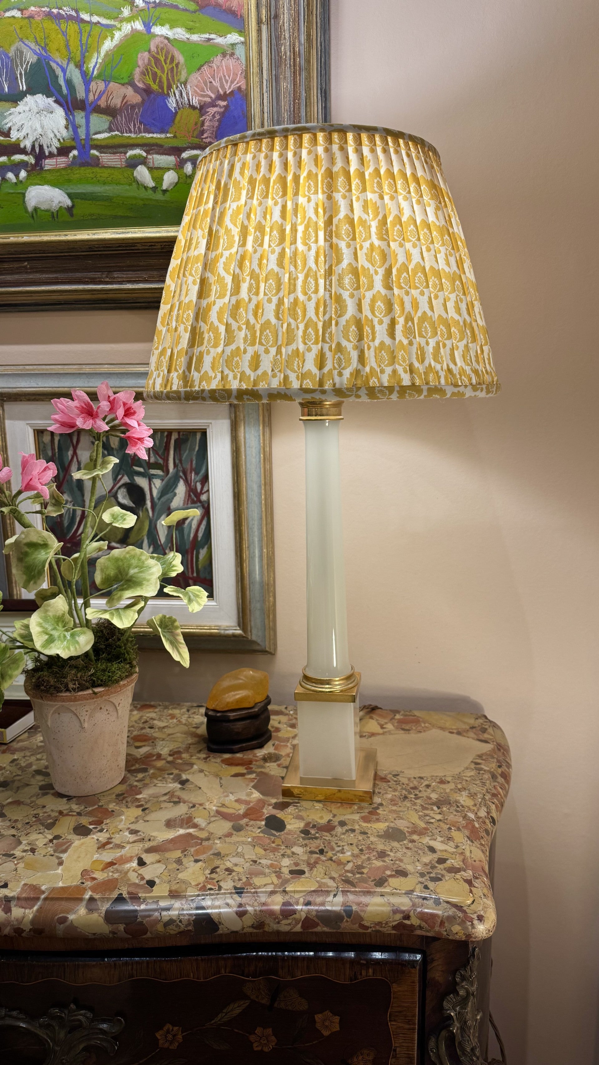 Vintage Opaline Glass and Brass Column Table Lamp