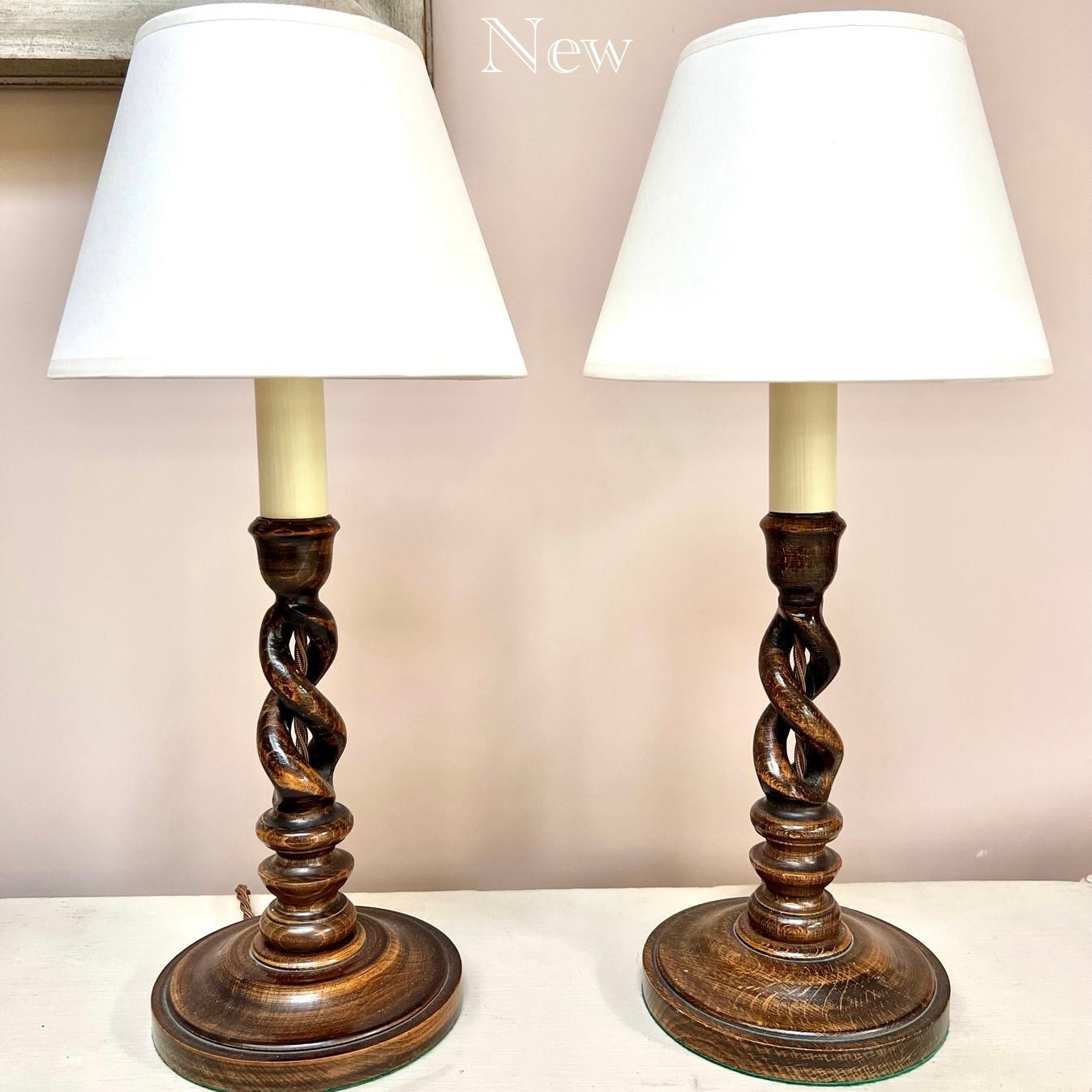 Vintage pair of small oak candlestick lamps