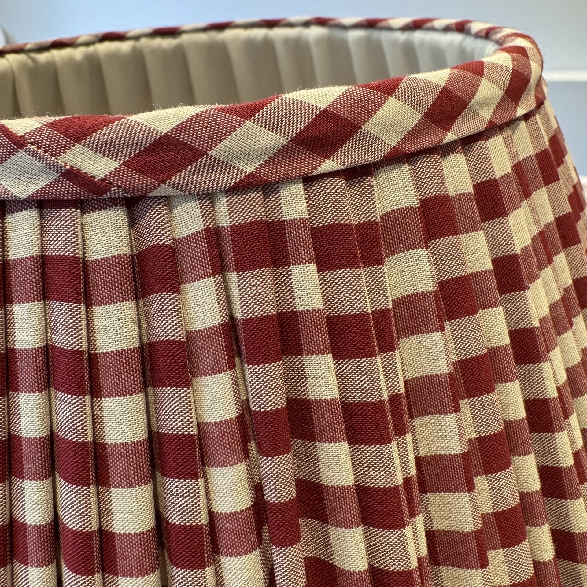12" Empire red and cream gingham cotton gathered lampshade