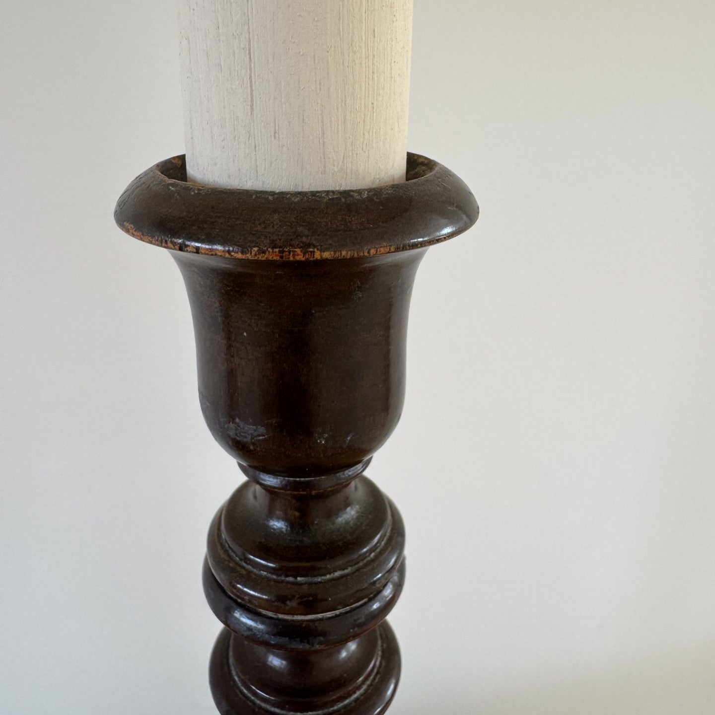 Vintage pair of turned wooden candlestick table lamps