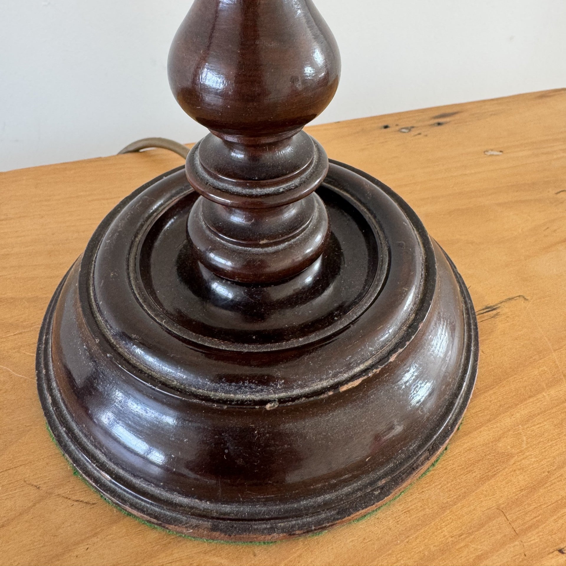 Vintage pair of turned wooden candlestick table lamps