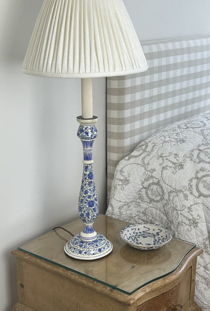 Kashmiri candlestick table lamp, pale blue & cream