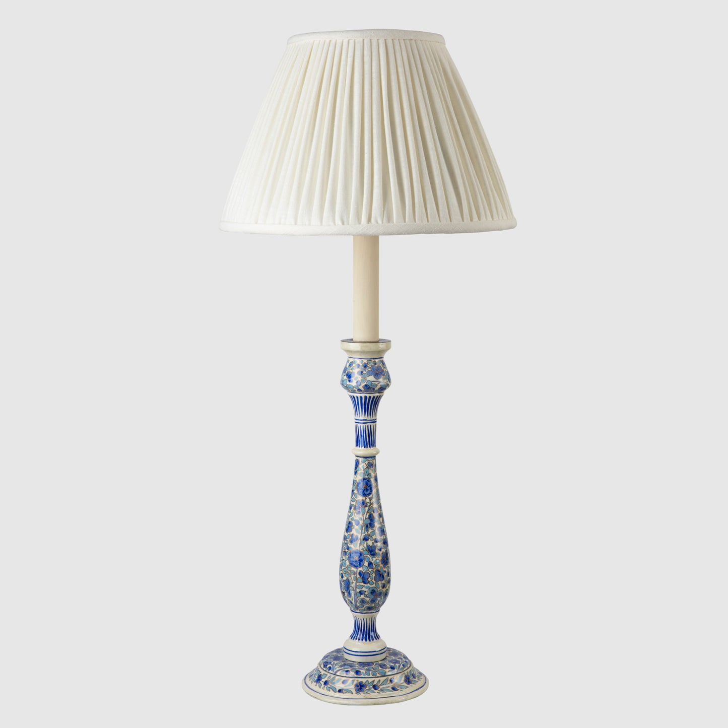 Kashmiri candlestick table lamp, pale blue & cream