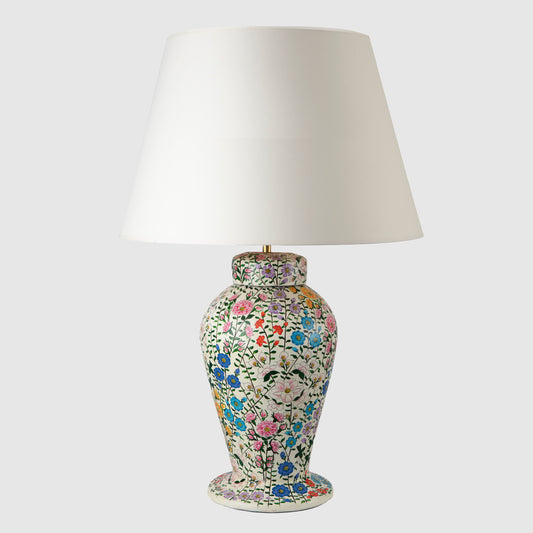 Large Kashmiri urn table lamp , multi cream