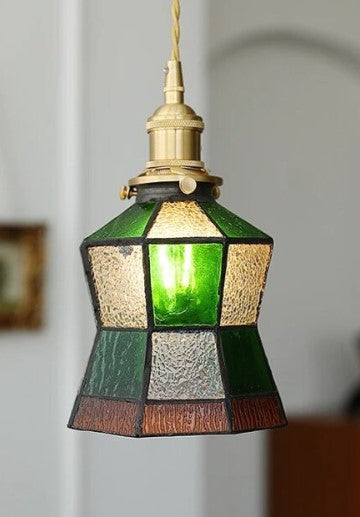 Hanging pendant lantern with stained glass