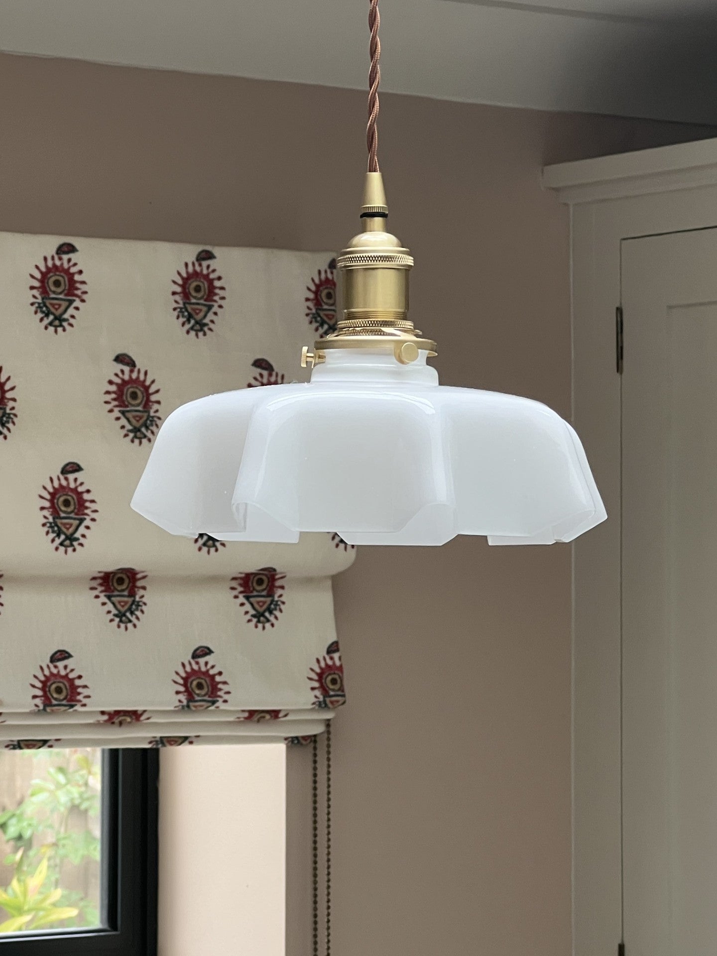 Bistro style pendant with white glass shade