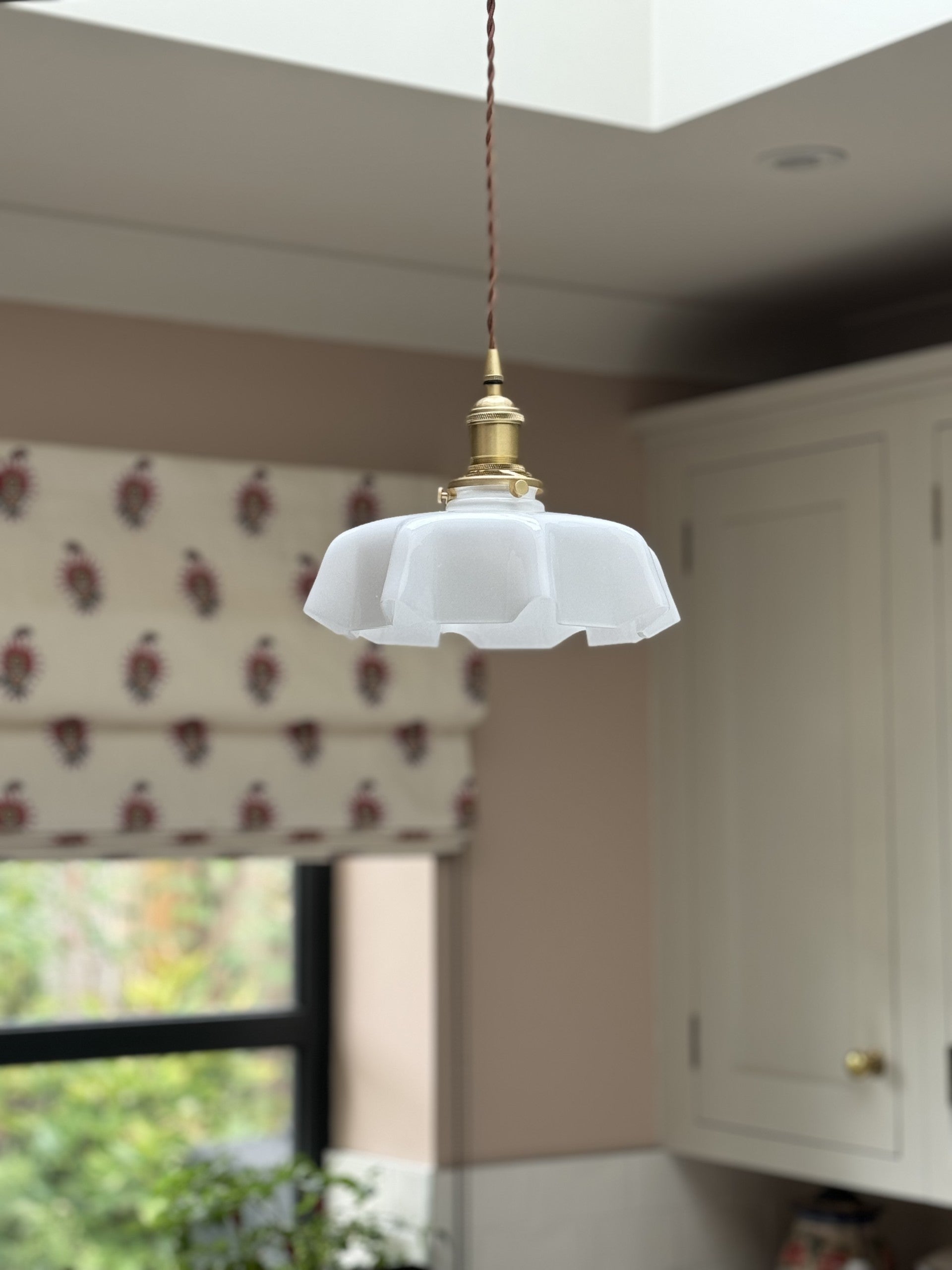 Bistro style pendant with white glass shade