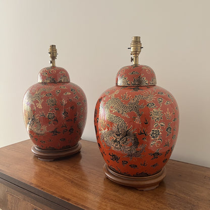 Vintage pair of ceramic ginger jar table lamps