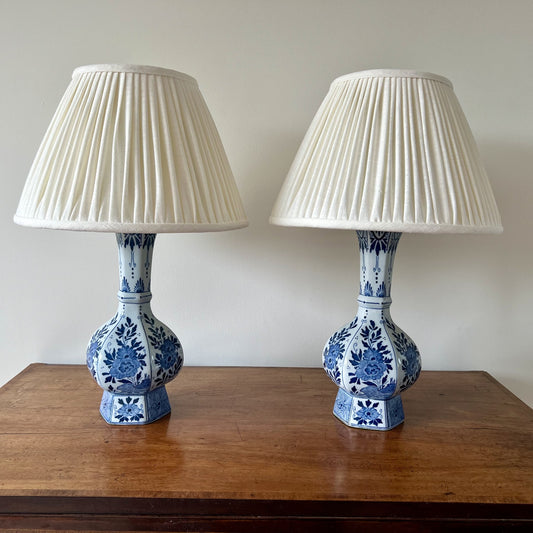 Vintage pair of small blue and white ceramic vase table lamps