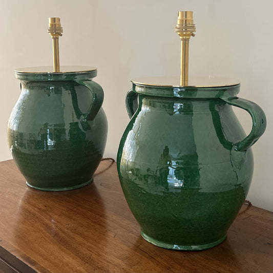 Vintage pair of green glazed terracotta vase table lamps