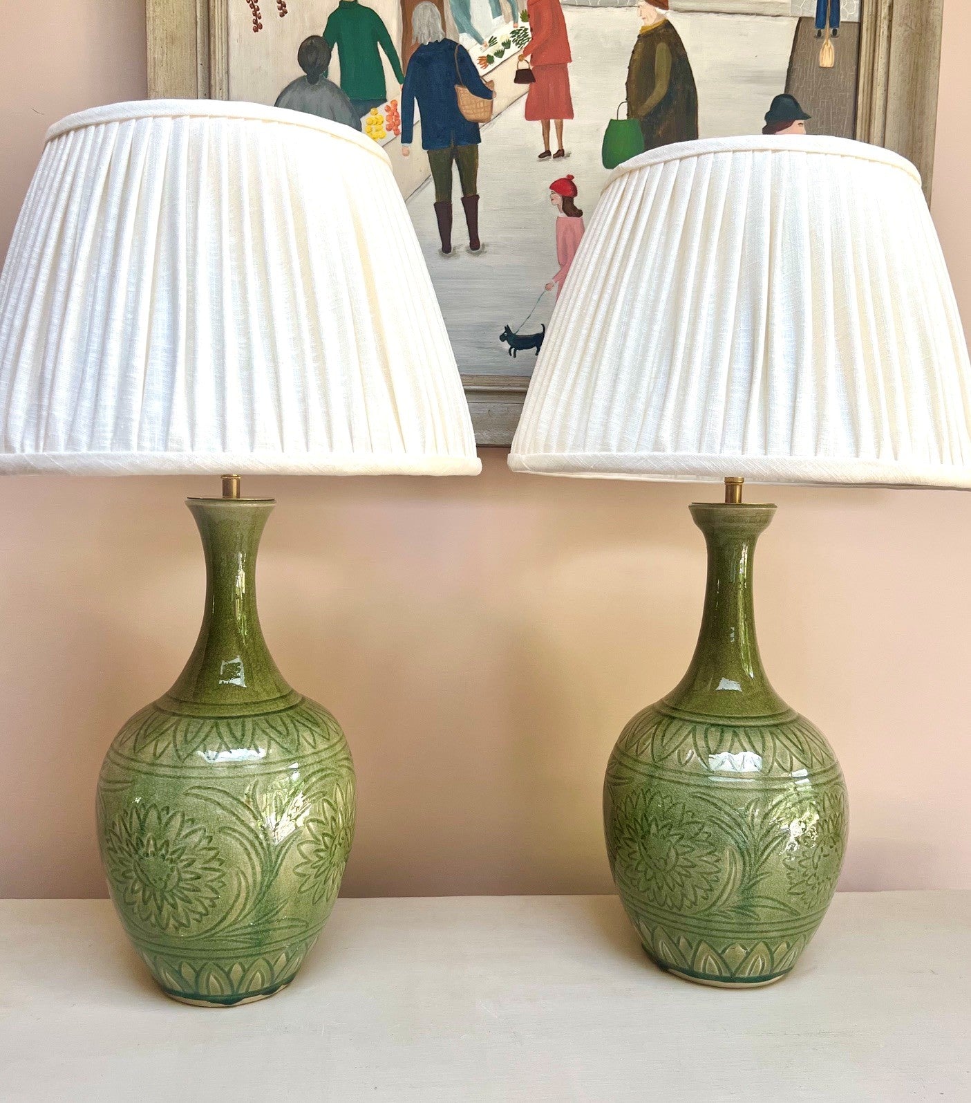 Vintage Pair of Green Ceramic Table Lamps