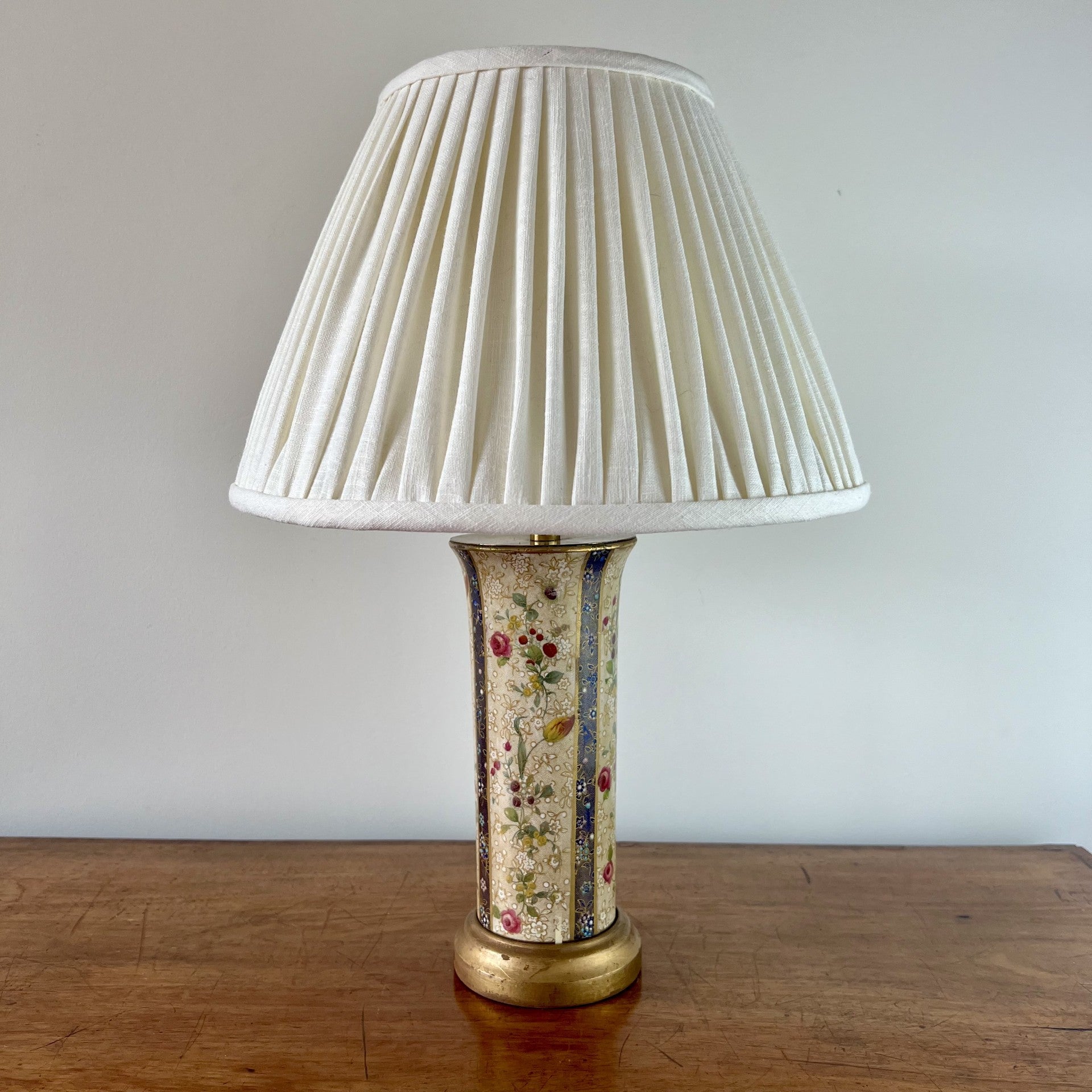 Vintage ceramic cylindrical table lamp with gilt base