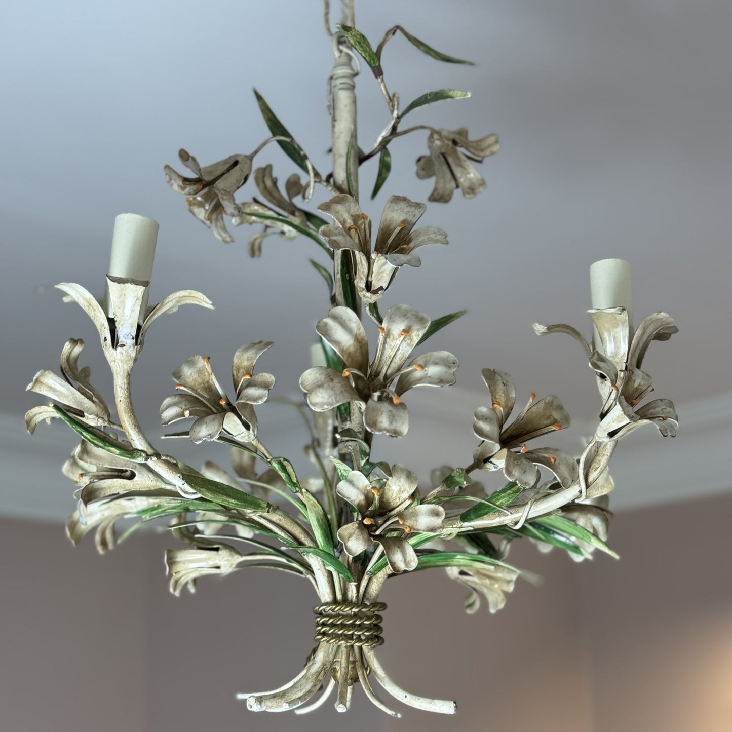 Vintage French tole lily chandelier with three lights