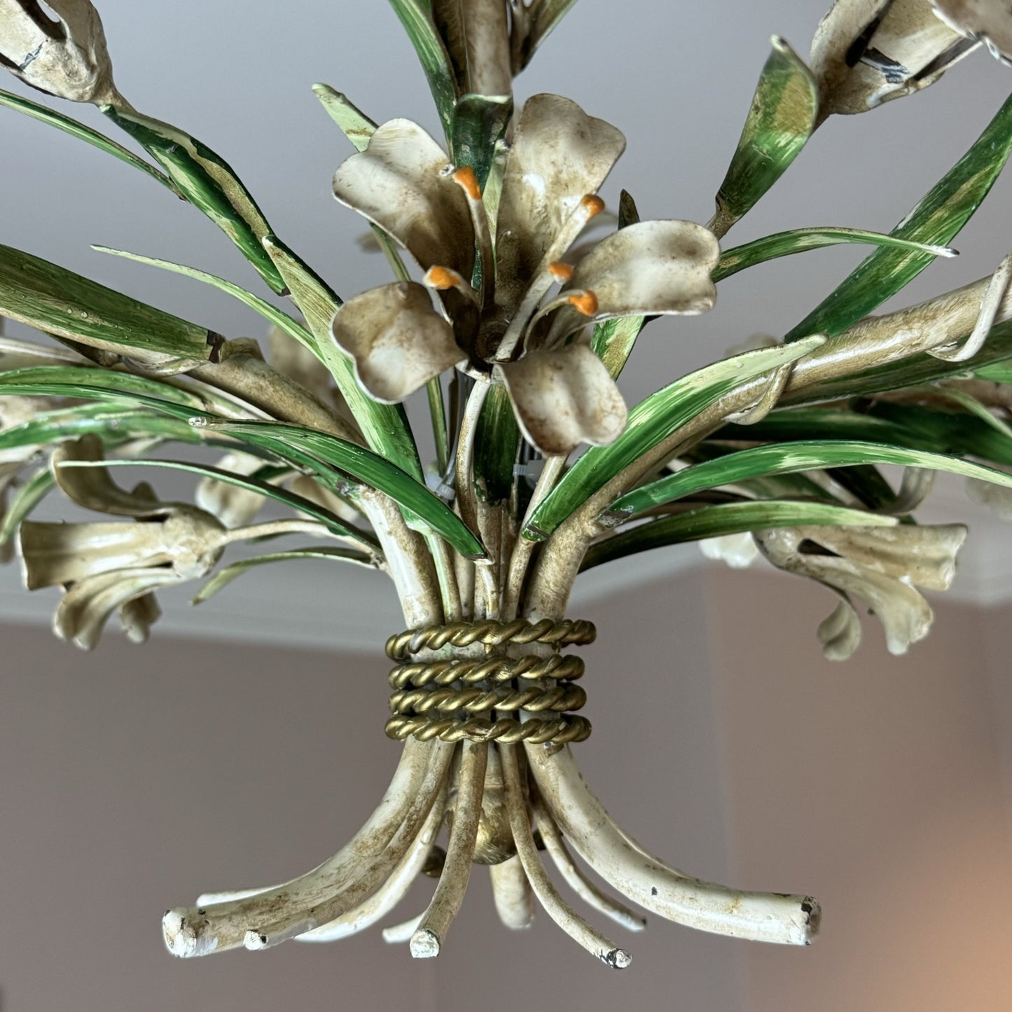 Vintage French tole lily chandelier with three lights