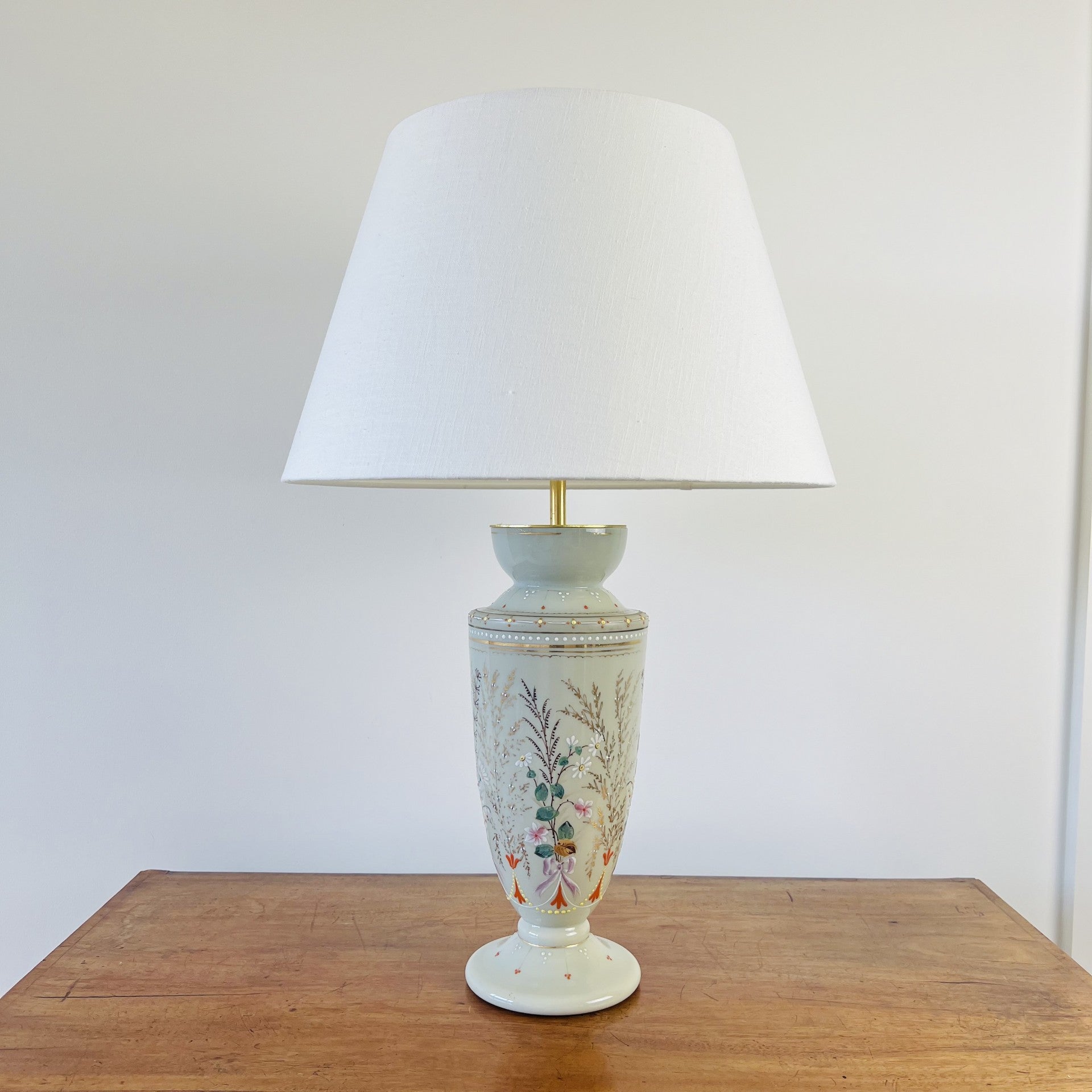 Vintage opaline glass vase table lamp with decoration