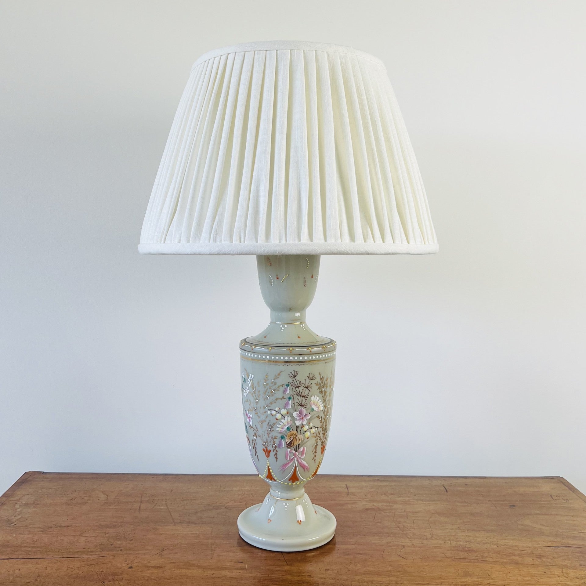 Vintage pale grey opaline glass vase table lamp with decoration