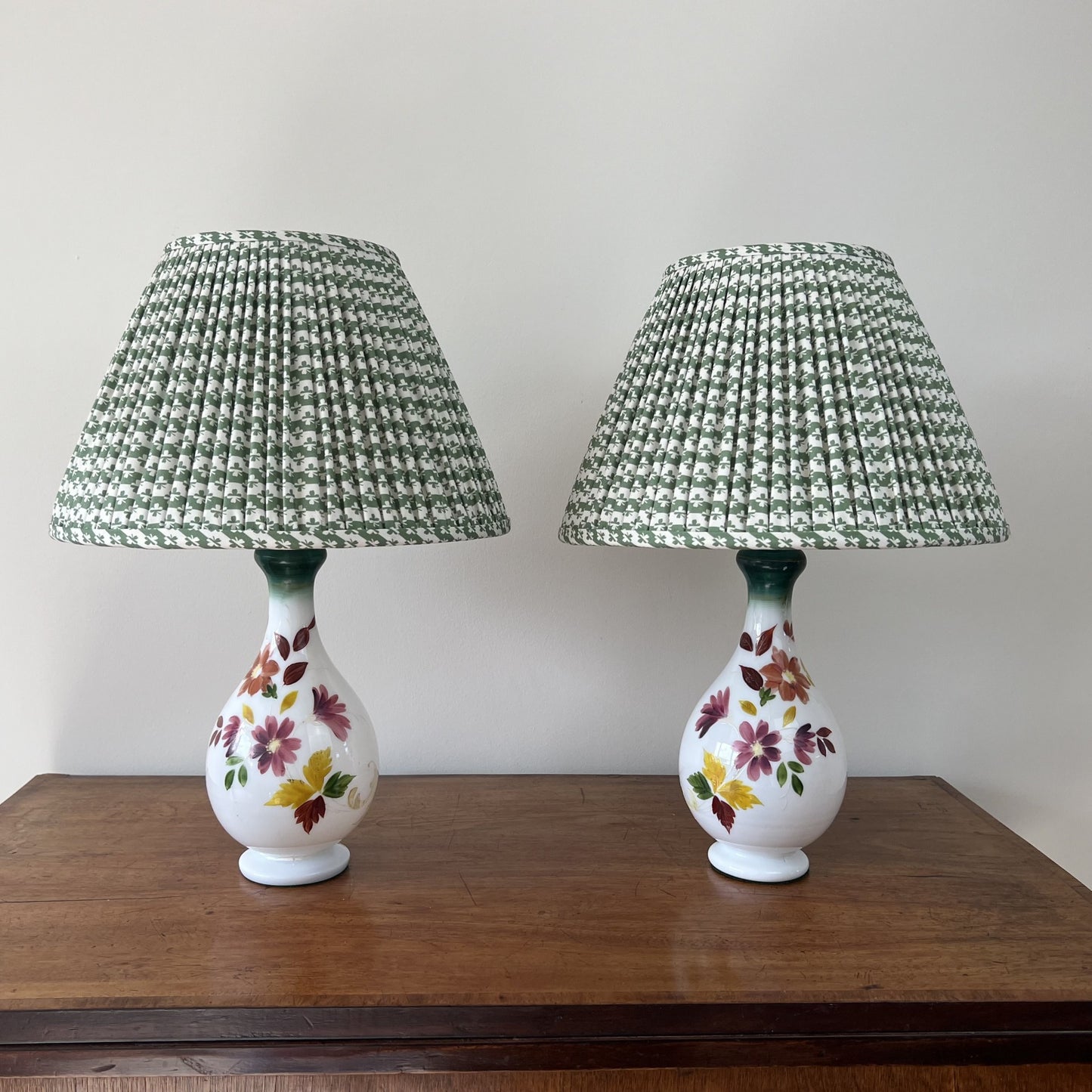 Vintage pair of small milk glass vase table lamps