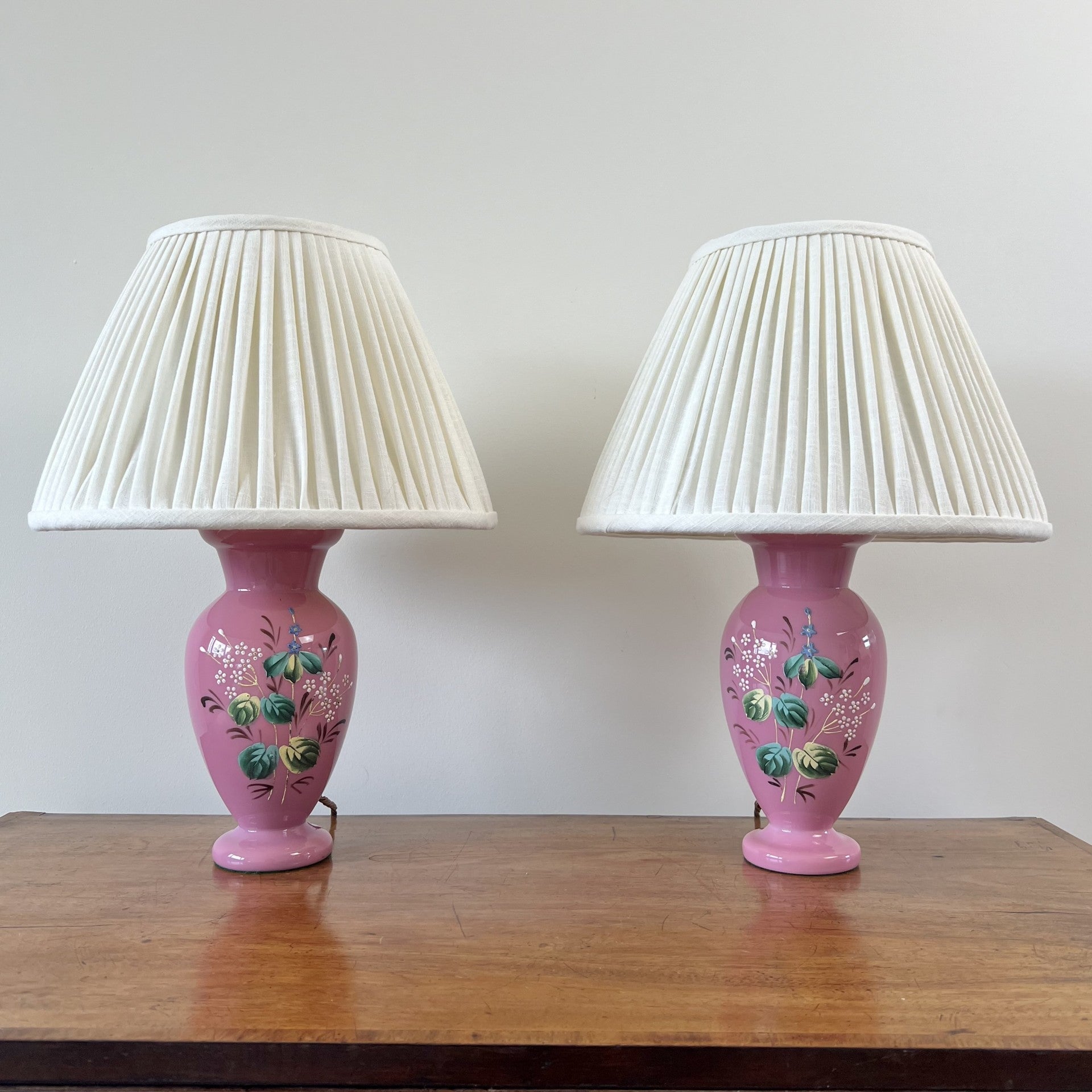 Vintage pair of pink opaline glass vase table lamps