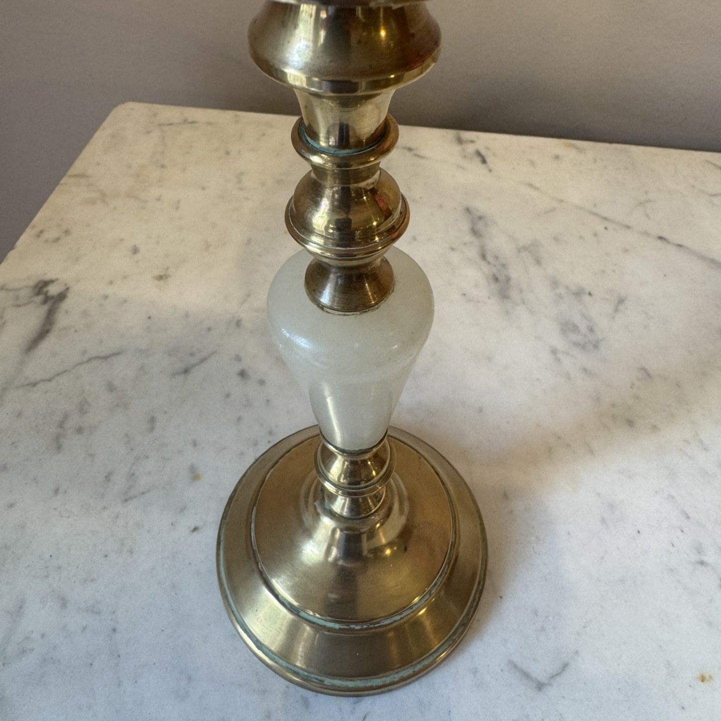 Vintage Pair of Brass and Marble French Candlestick Lamps