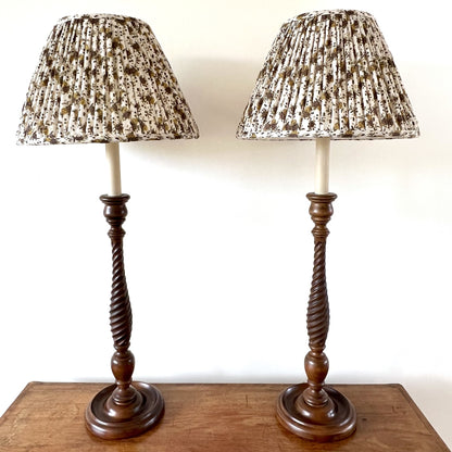 Vintage pair of tall wooden candlestick table lamps