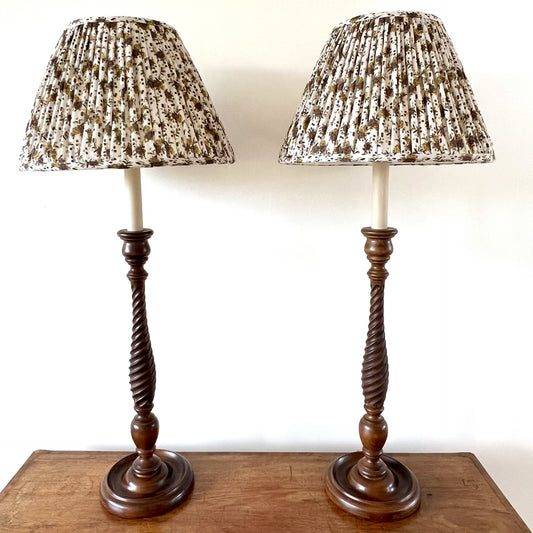 Vintage pair of tall wooden candlestick table lamps