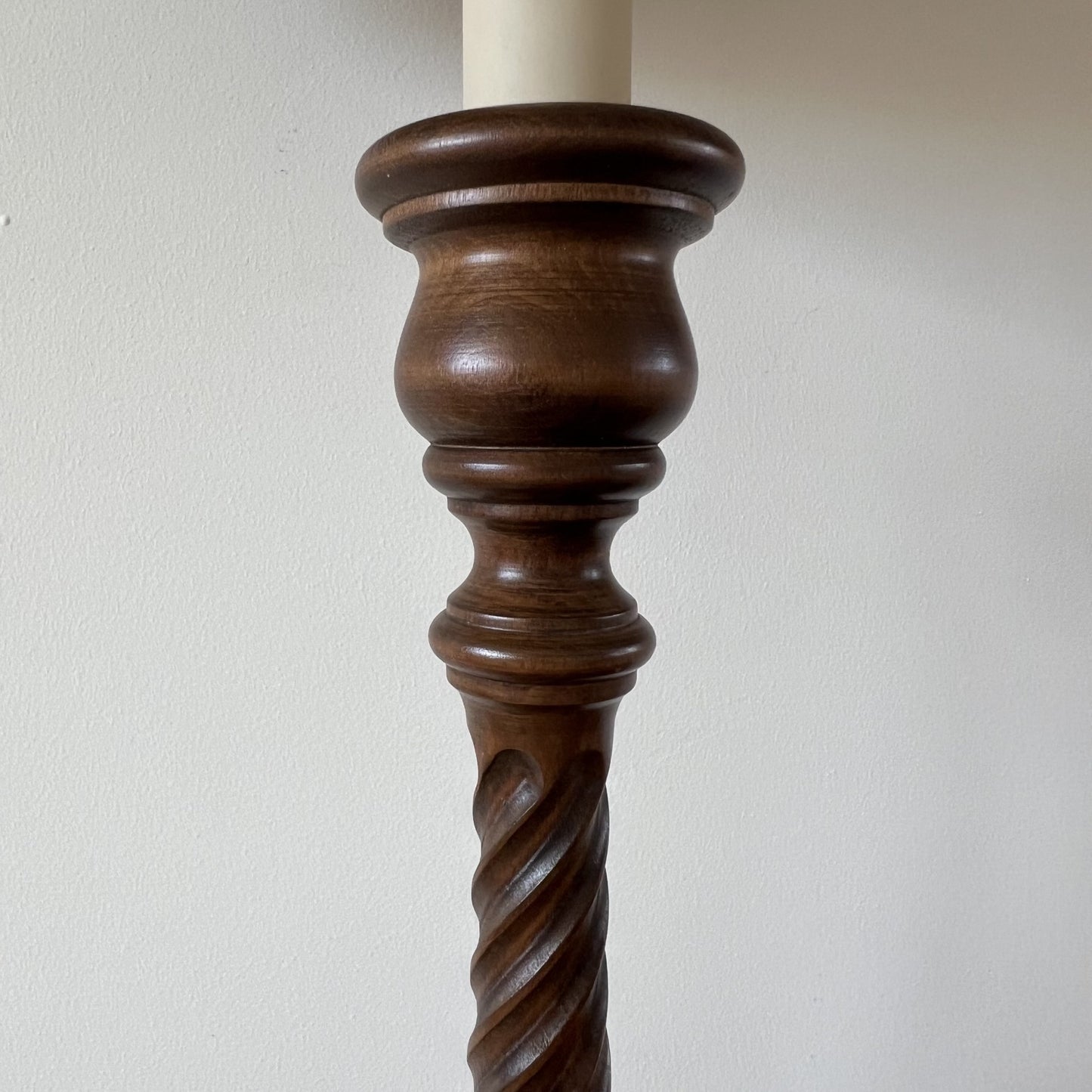 Vintage pair of tall wooden candlestick table lamps