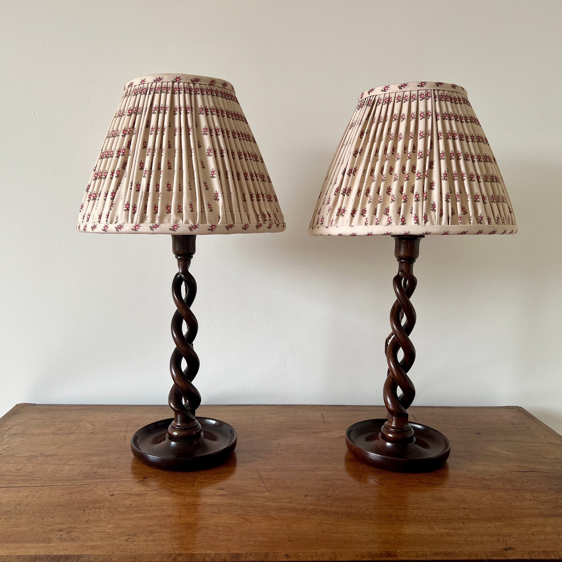 Vintage pair of mahogany barley twist wooden candlestick lamps