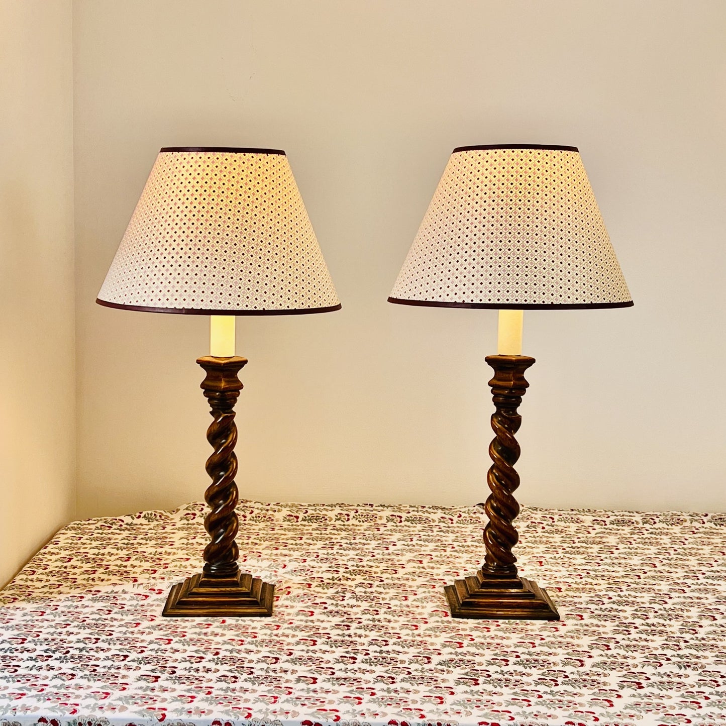 Vintage pair of barley twist wooden candlestick lamps