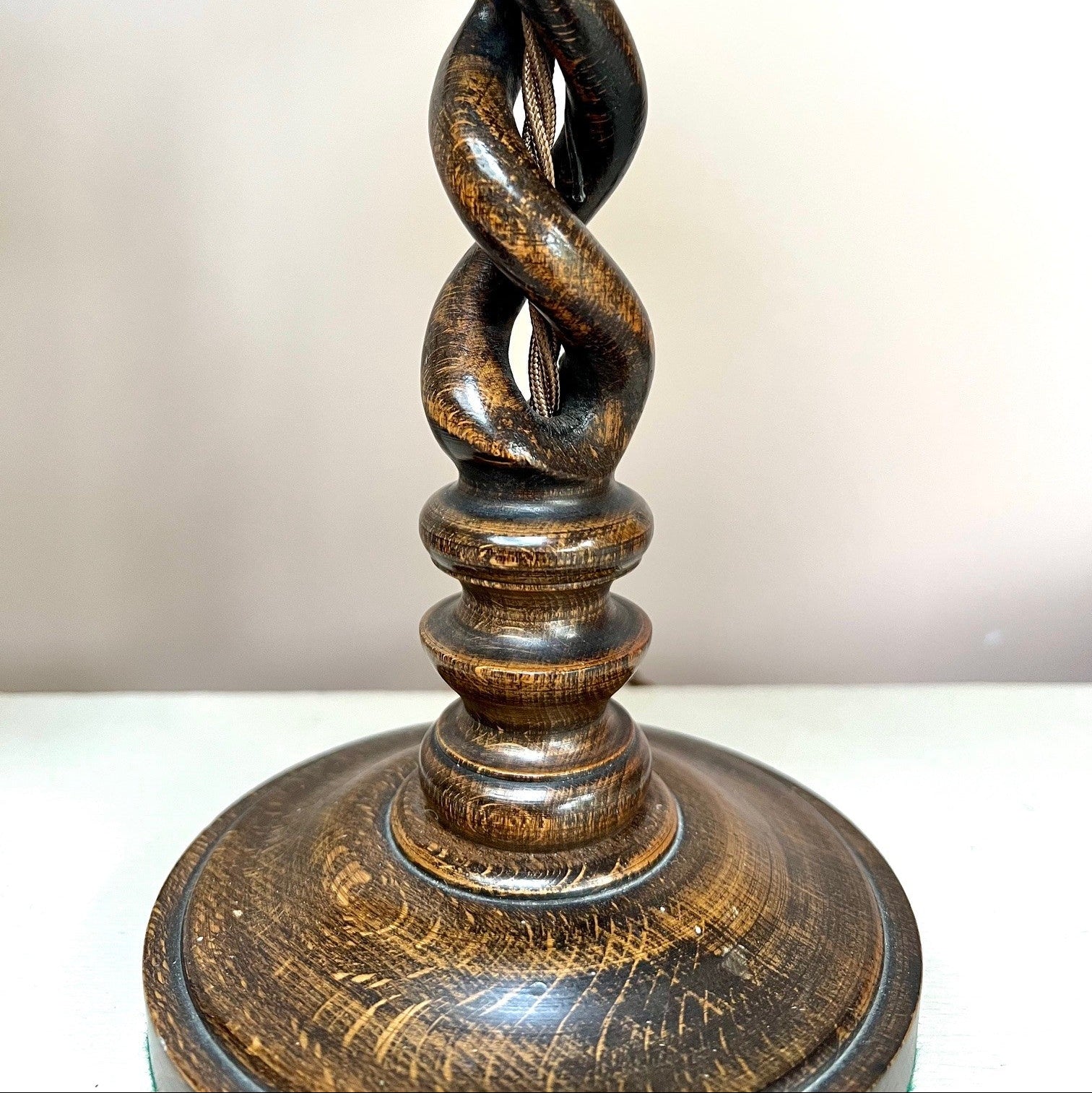 Vintage pair of small oak candlestick lamps