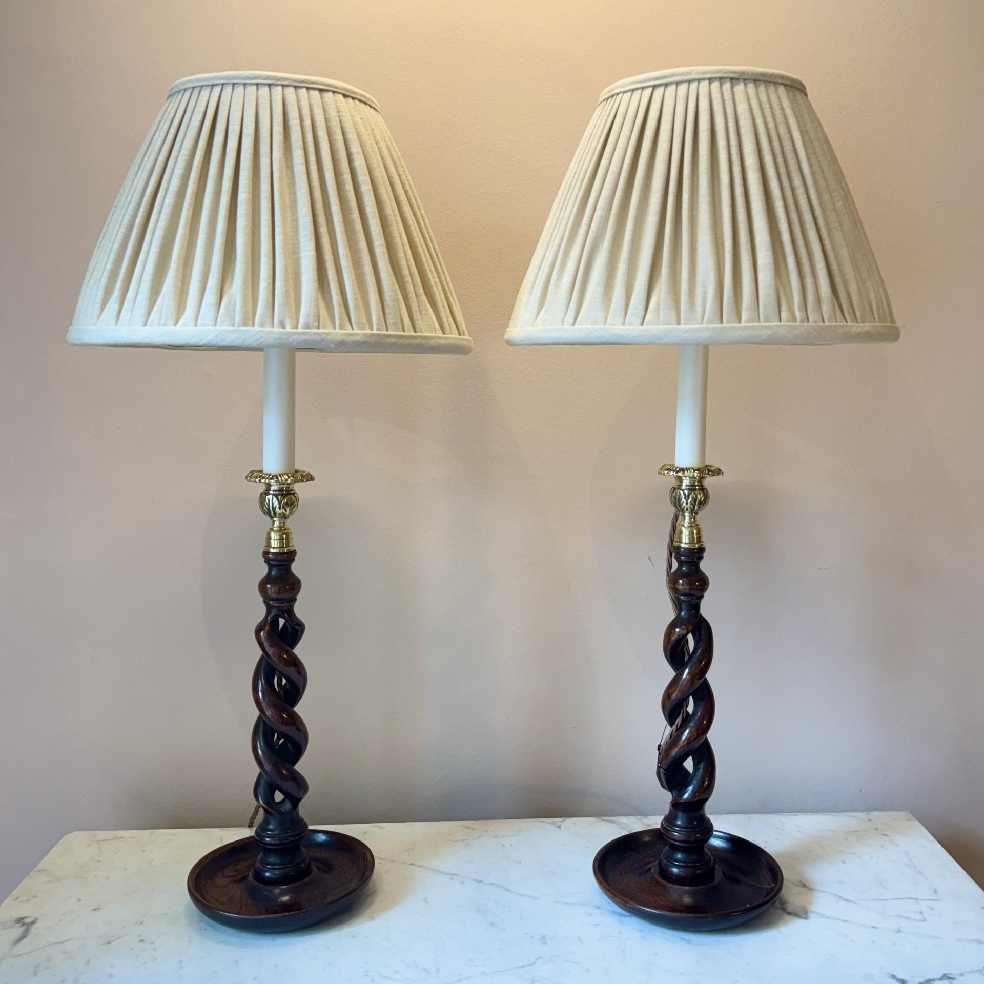 Vintage pair of Wooden & Brass Candlestick Lamps