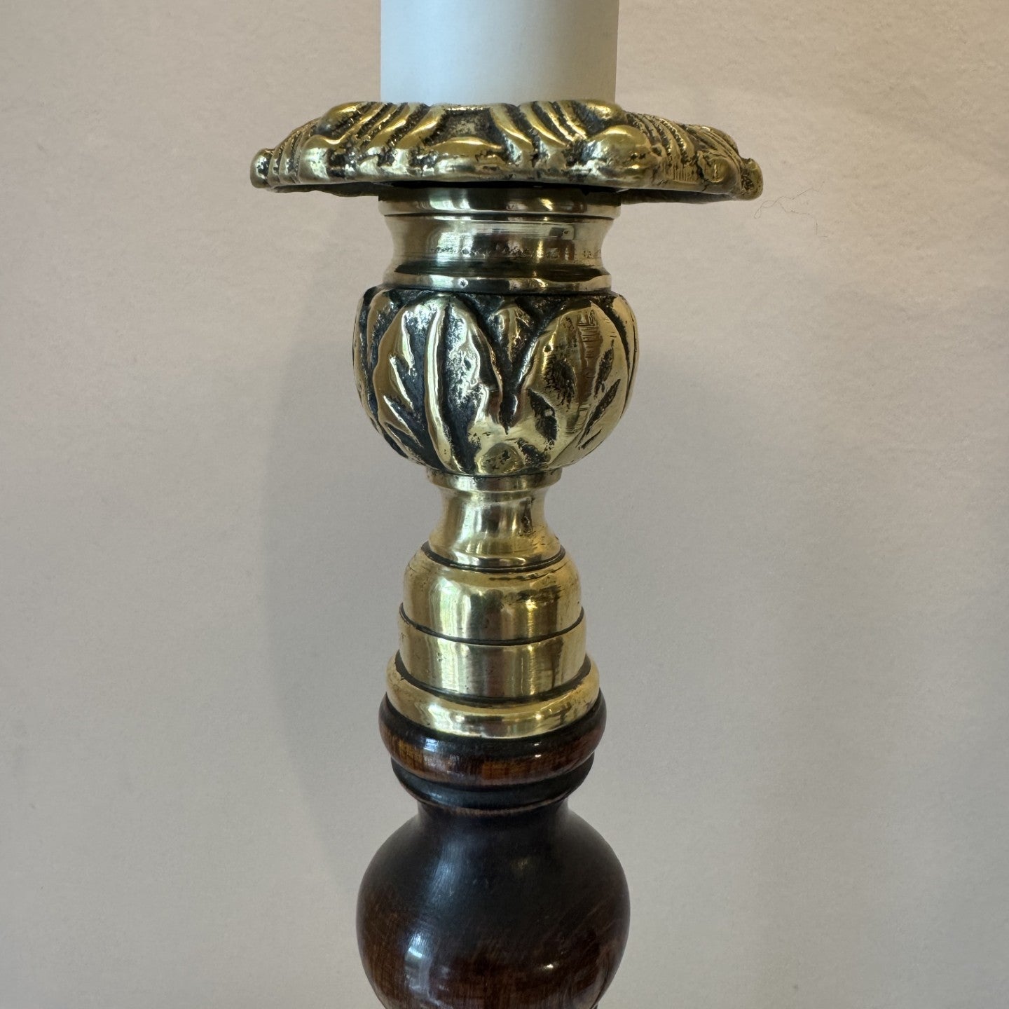 Vintage pair of Wooden & Brass Candlestick Lamps