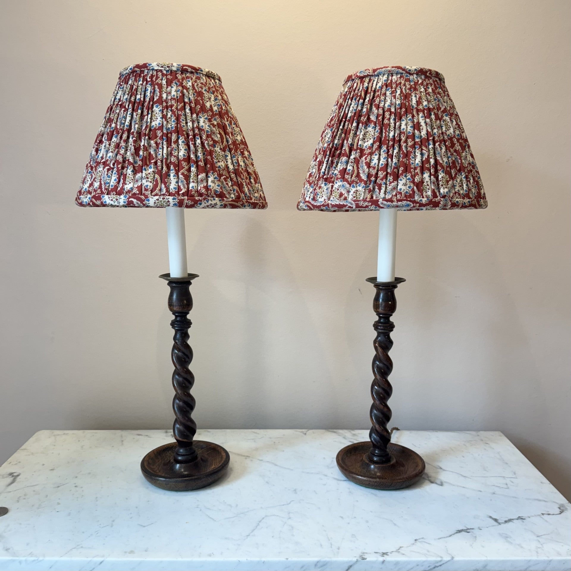 Vintage Pair of Wooden Barley Twist Candlestick Lamps