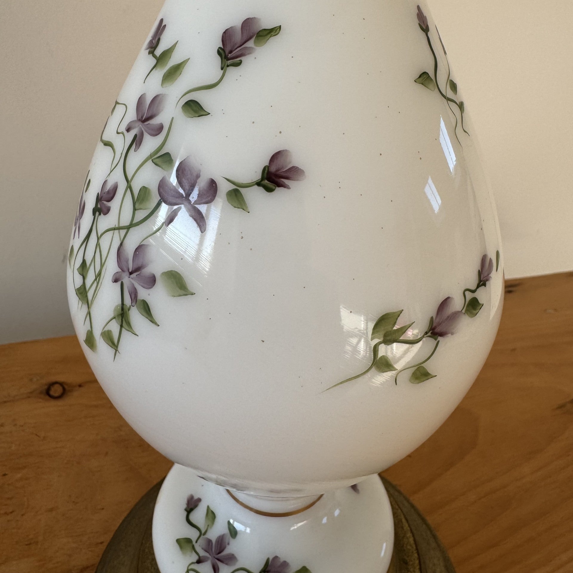 Vintage white opaline glass table lamp with floral decoration