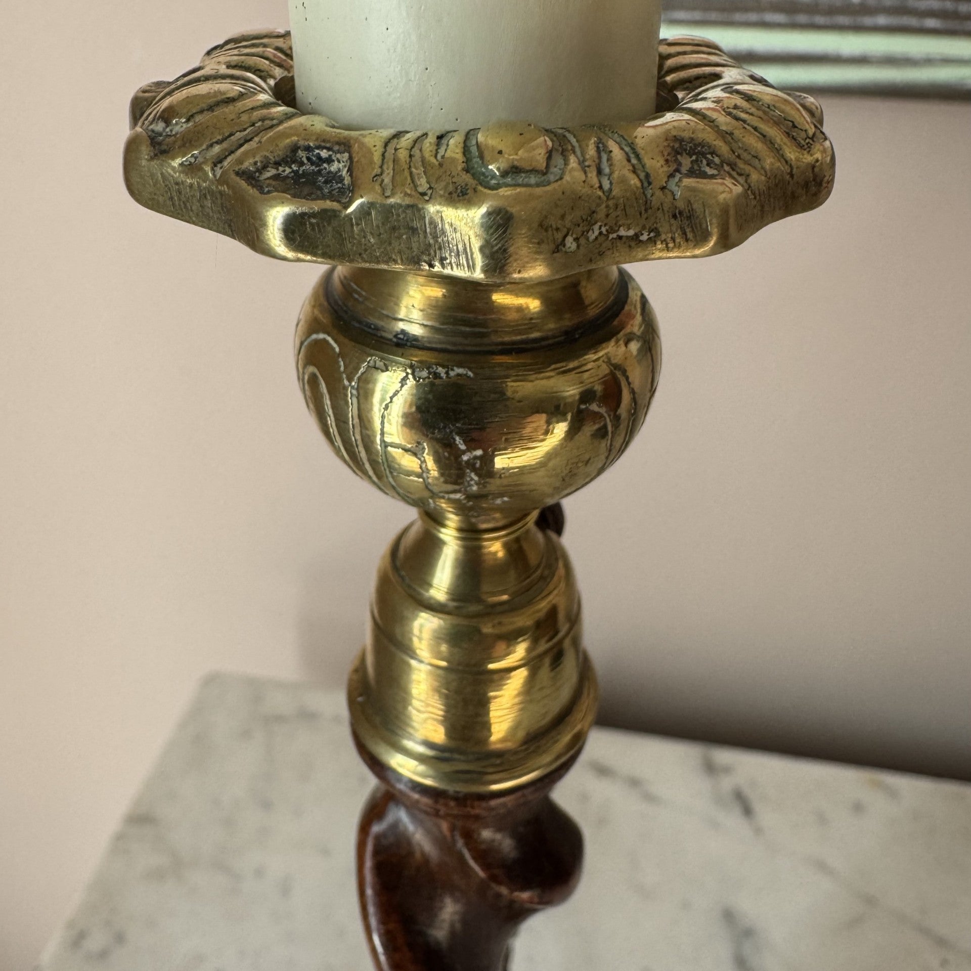 Vintage pair of wooden candlestick lamps