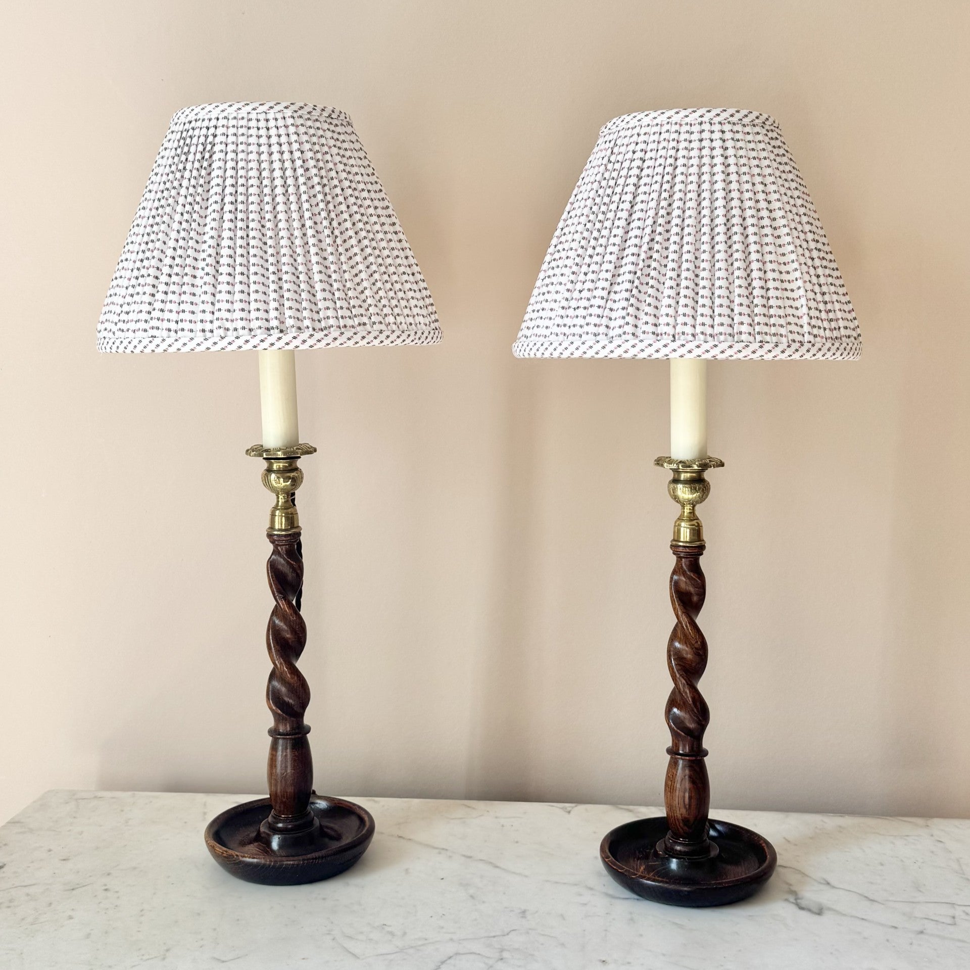 Vintage pair of wooden candlestick lamps